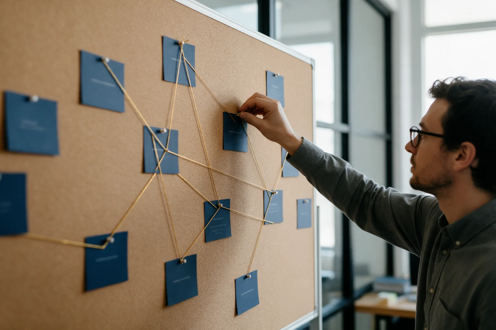 Consultant connecting printed profile cards with string on a pin board to map where a business is mentioned online