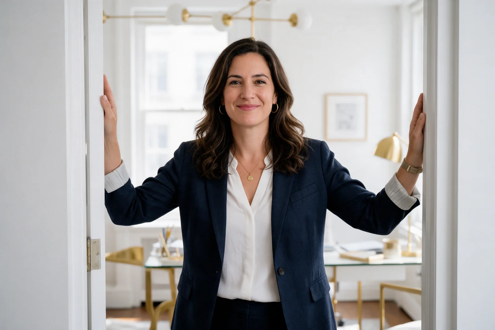 Owner of a small UK firm standing confidently in her office doorway, the kind of person a strong entity profile should represent