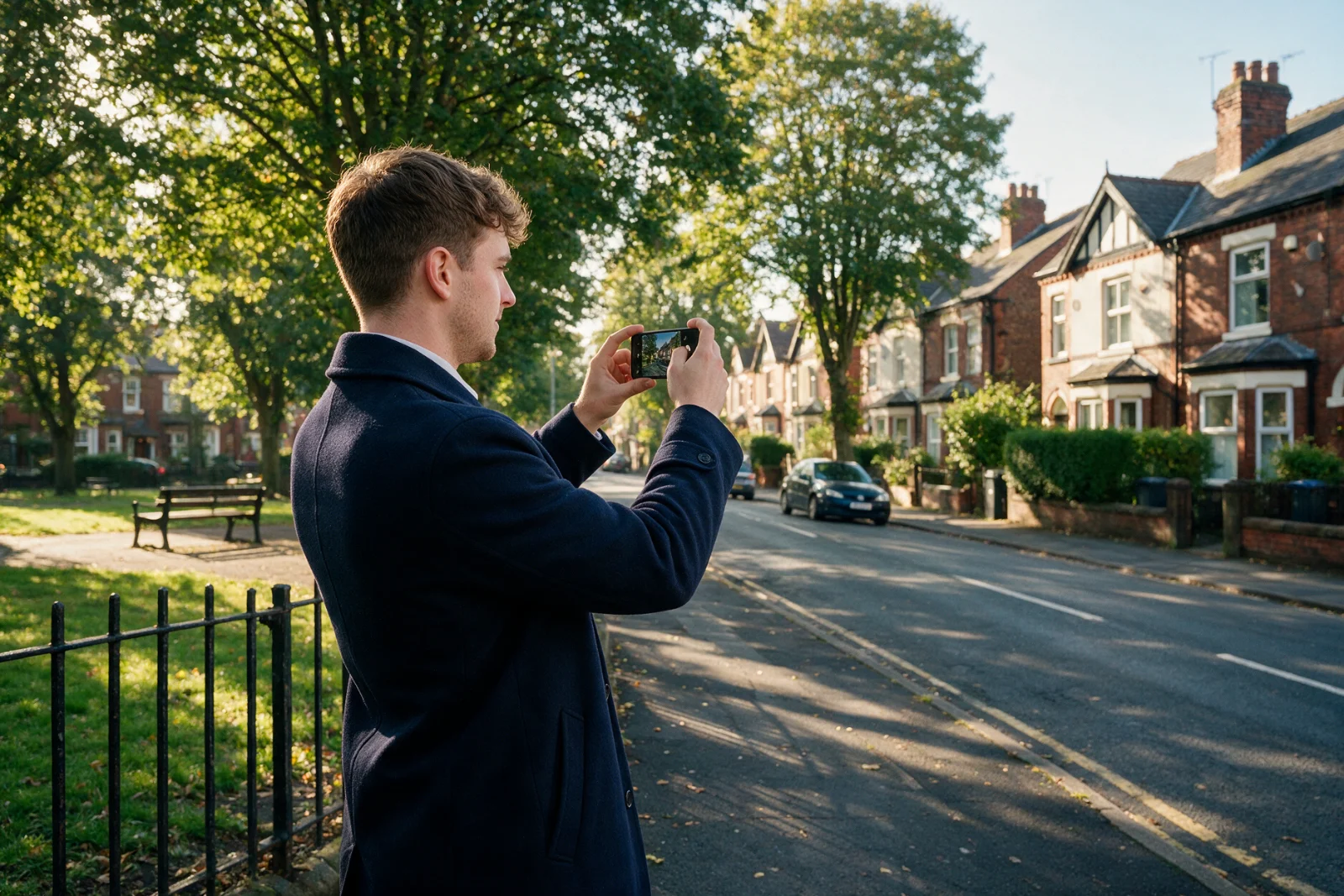 Estate agent photographing a leafy residential street and small local park with a smartphone for a neighbourhood area guide