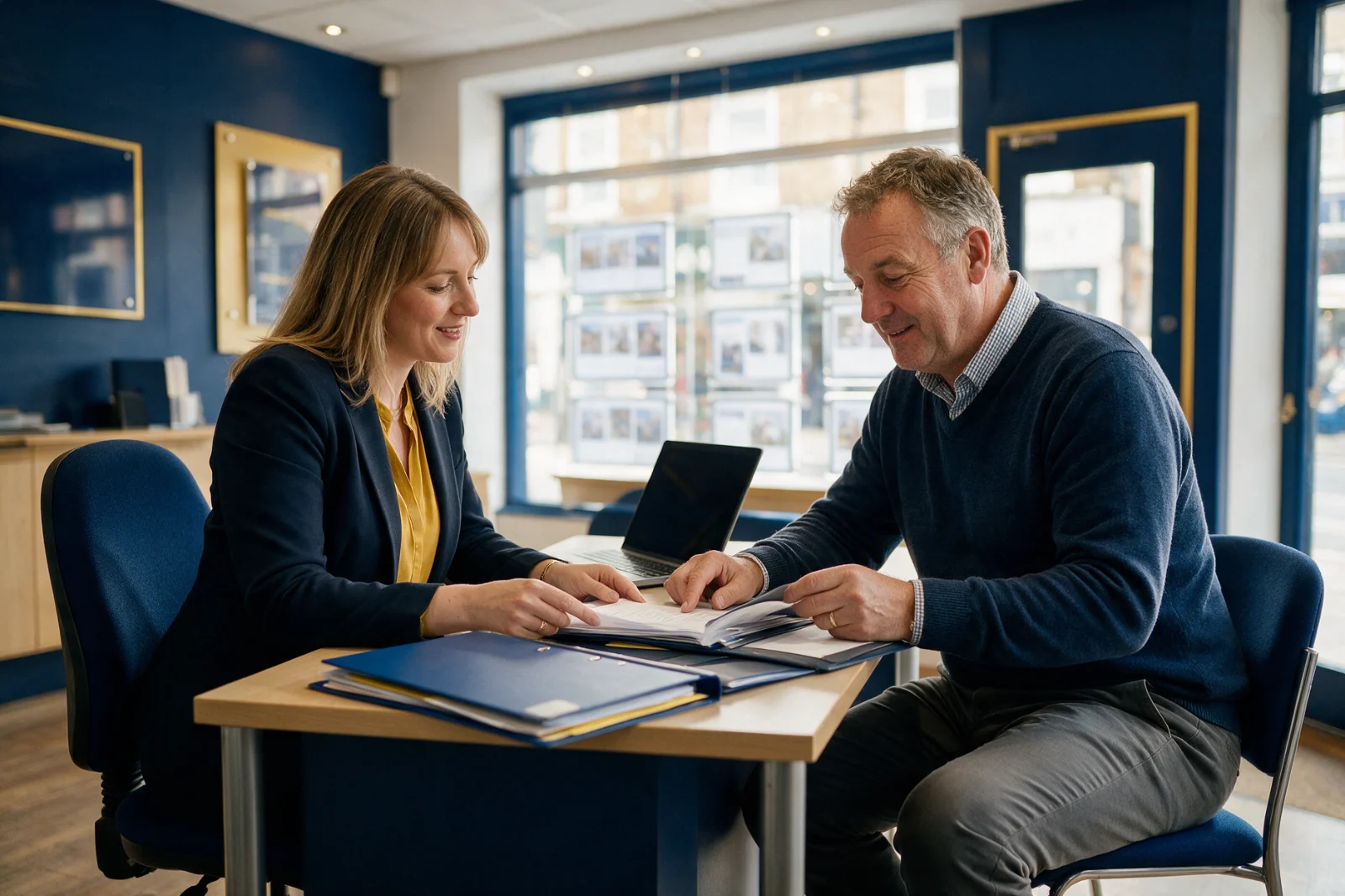 Letting agent at a branch desk going through a tenancy file with a landlord, folders and a laptop on the desk between them