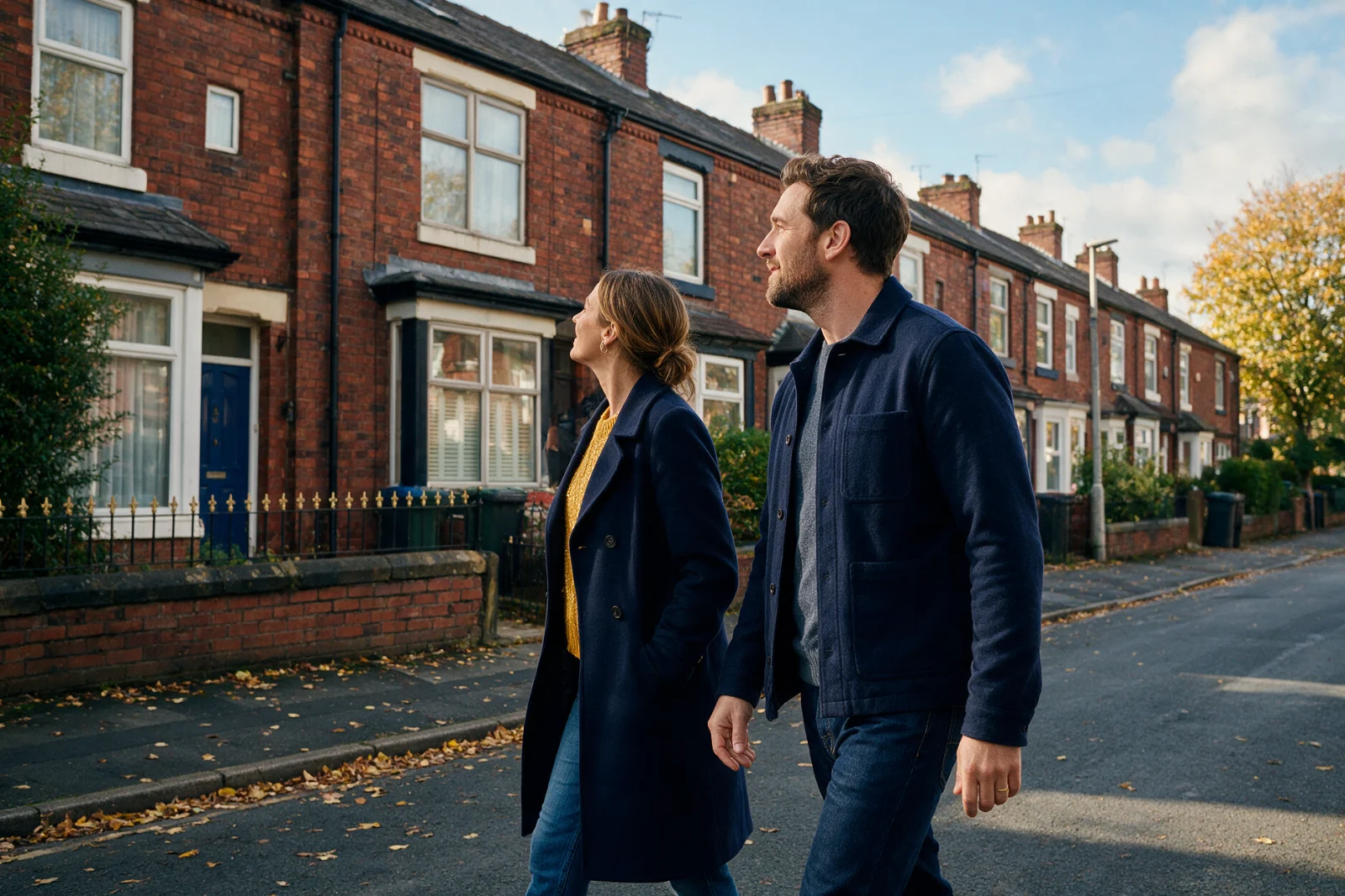 Couple walking along a quiet street of red brick terraced houses, pausing to look at one home and talking about moving