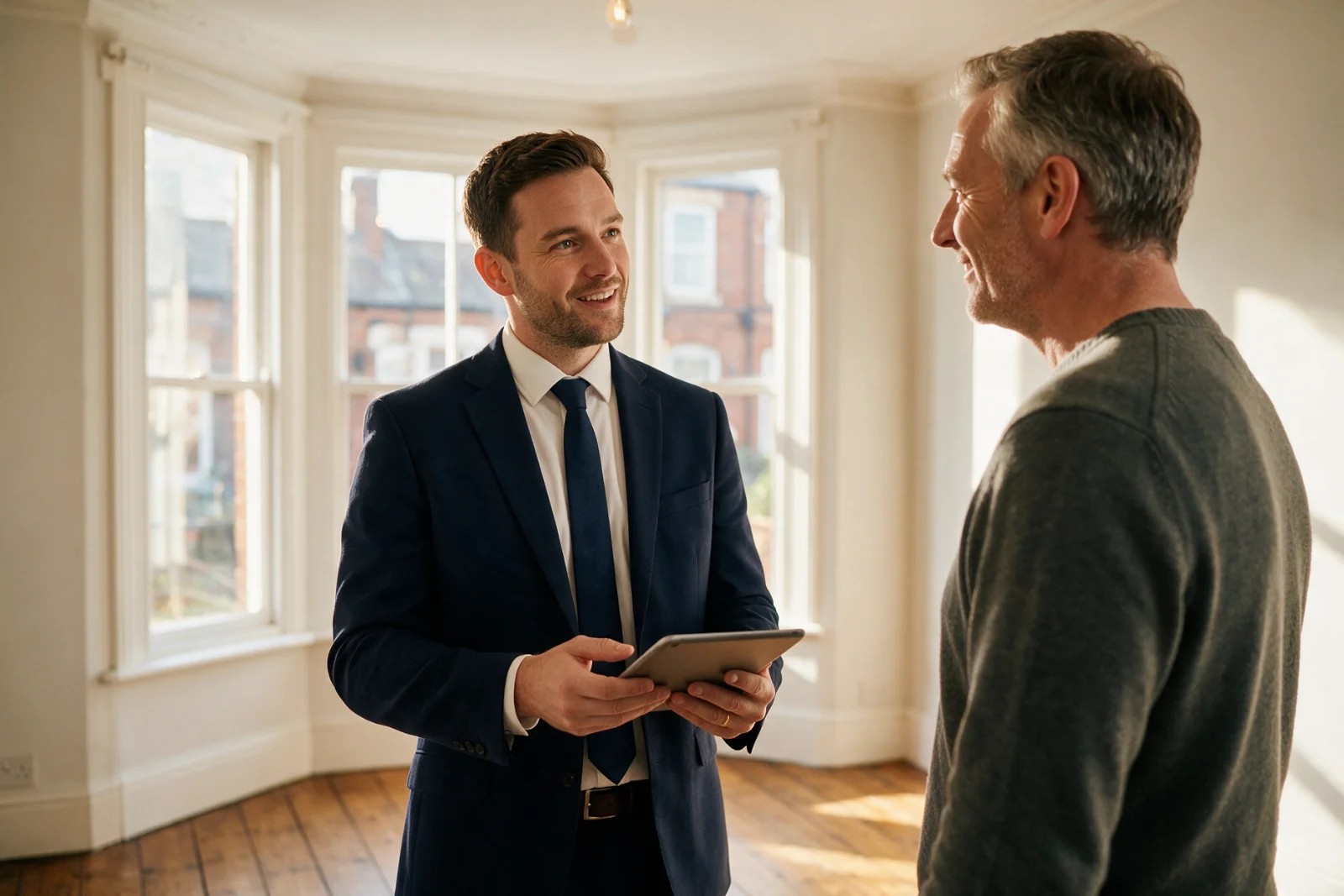 Estate agent valuing a family home, talking with the homeowner in a bright living room while making notes on a tablet