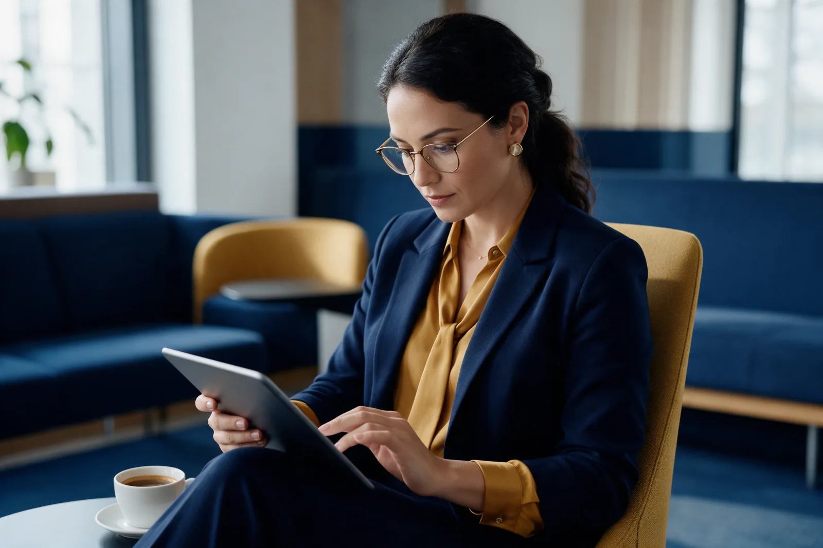 Professional woman reading answers on a tablet while sitting in a calm modern office lounge with a cup of coffee