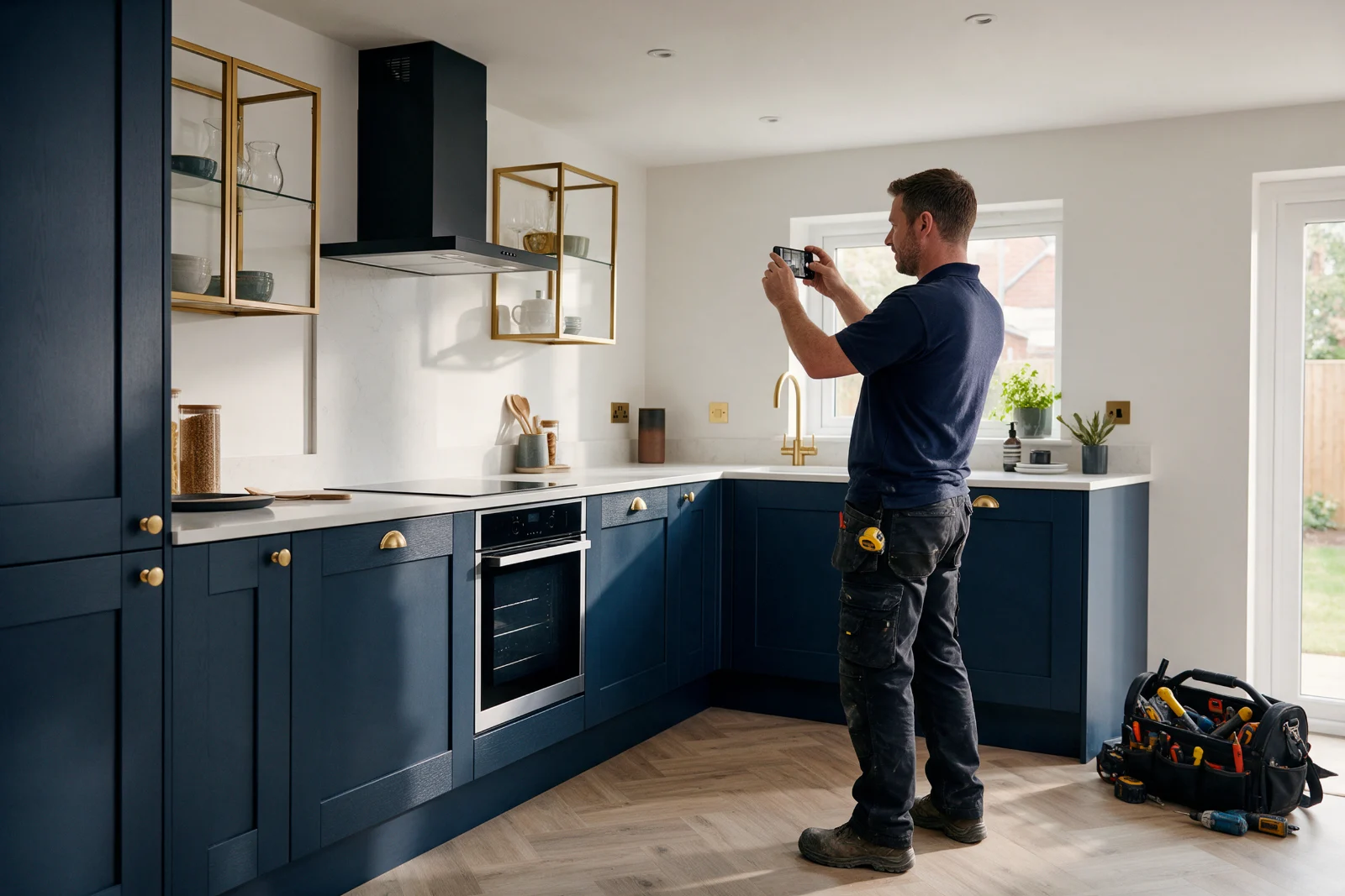 Kitchen fitter photographing a newly finished kitchen with a smartphone to share as an update, tools packed away in the corner