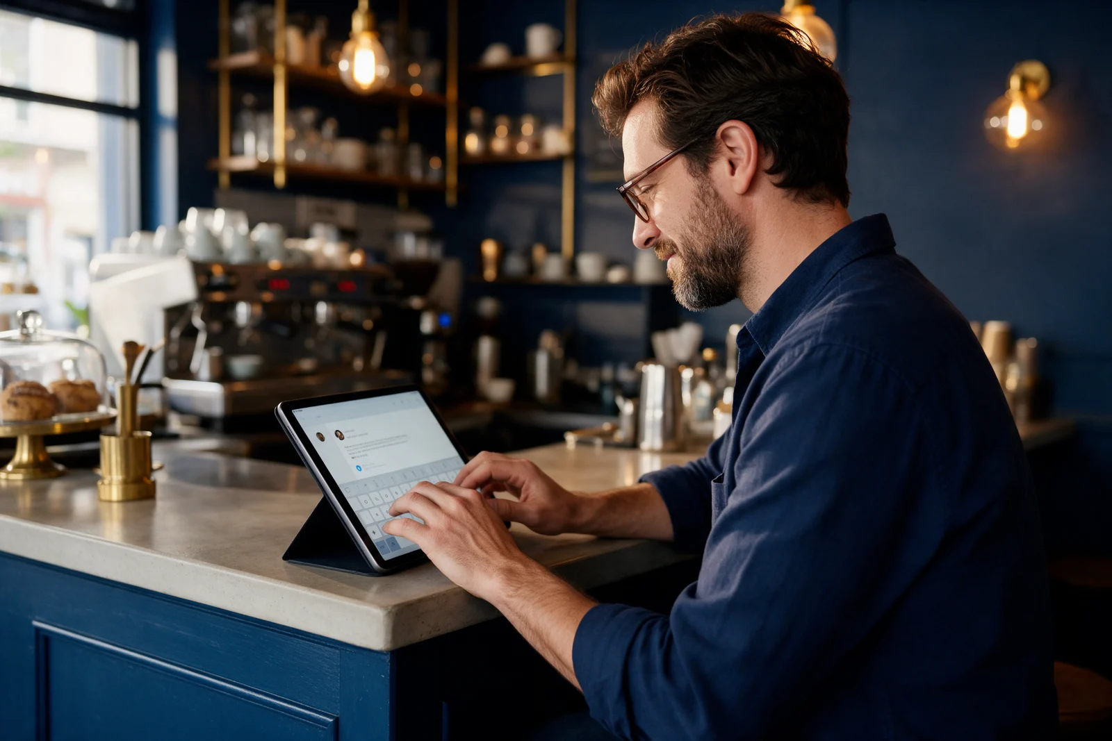 Café owner sitting at the counter after closing time and typing a reply to a customer review on a tablet, warm lights behind her
