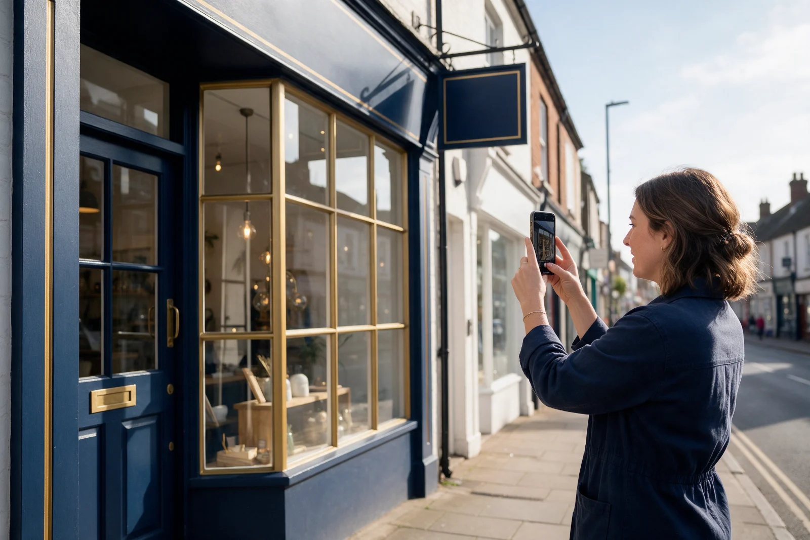 Shop owner recording a short video of her shopfront and signage with a smartphone on a British high street on a bright morning