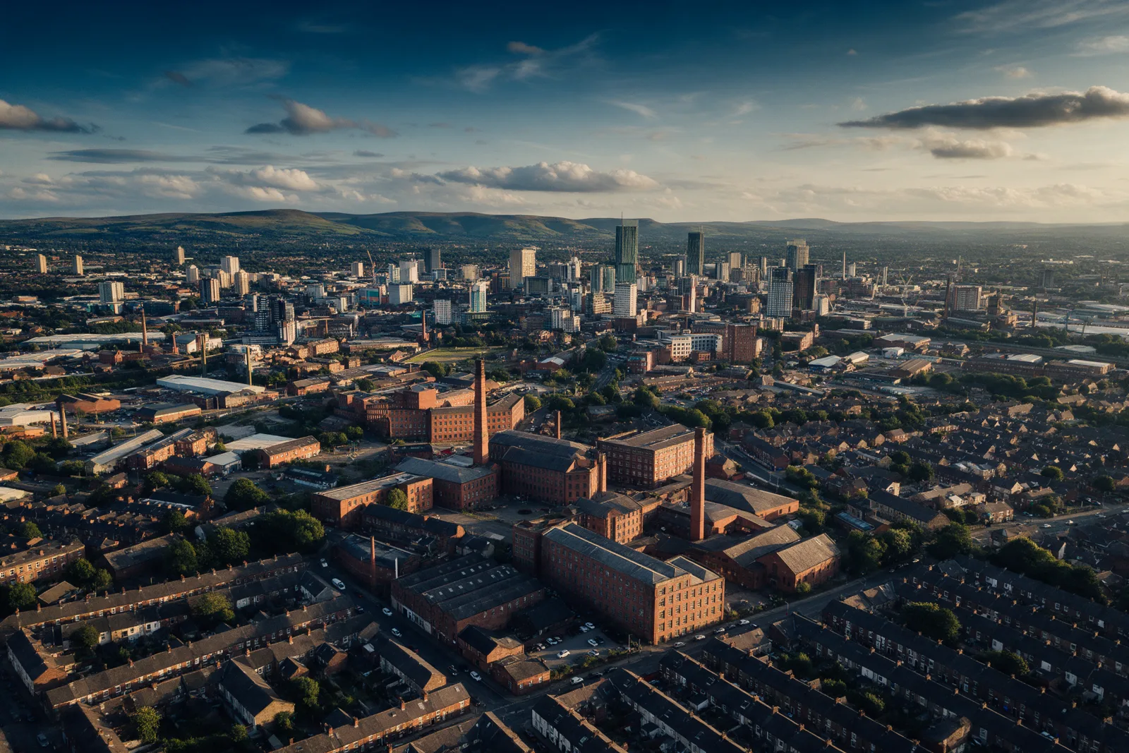 Aerial view over Greater Manchester at golden hour, with city towers in the distance, red brick mills and green Pennine hills
