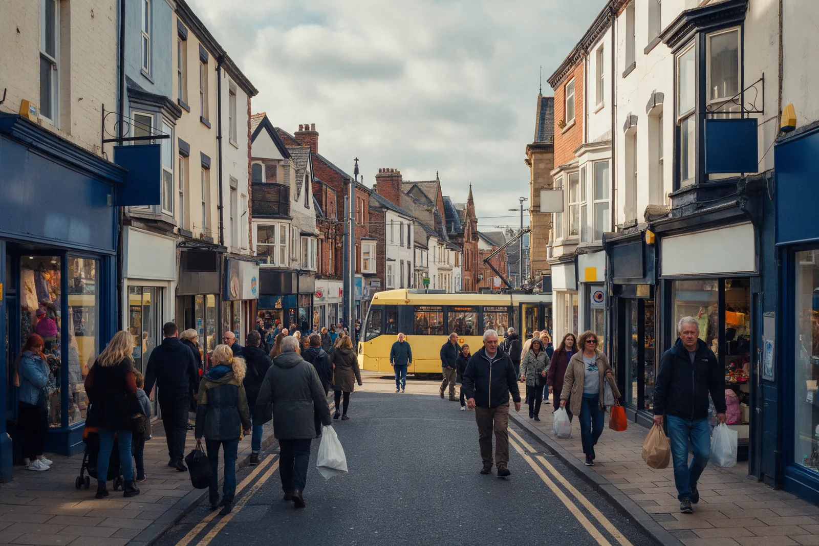 Busy northern English high street with independent shops, shoppers and a yellow tram passing on a soft overcast day