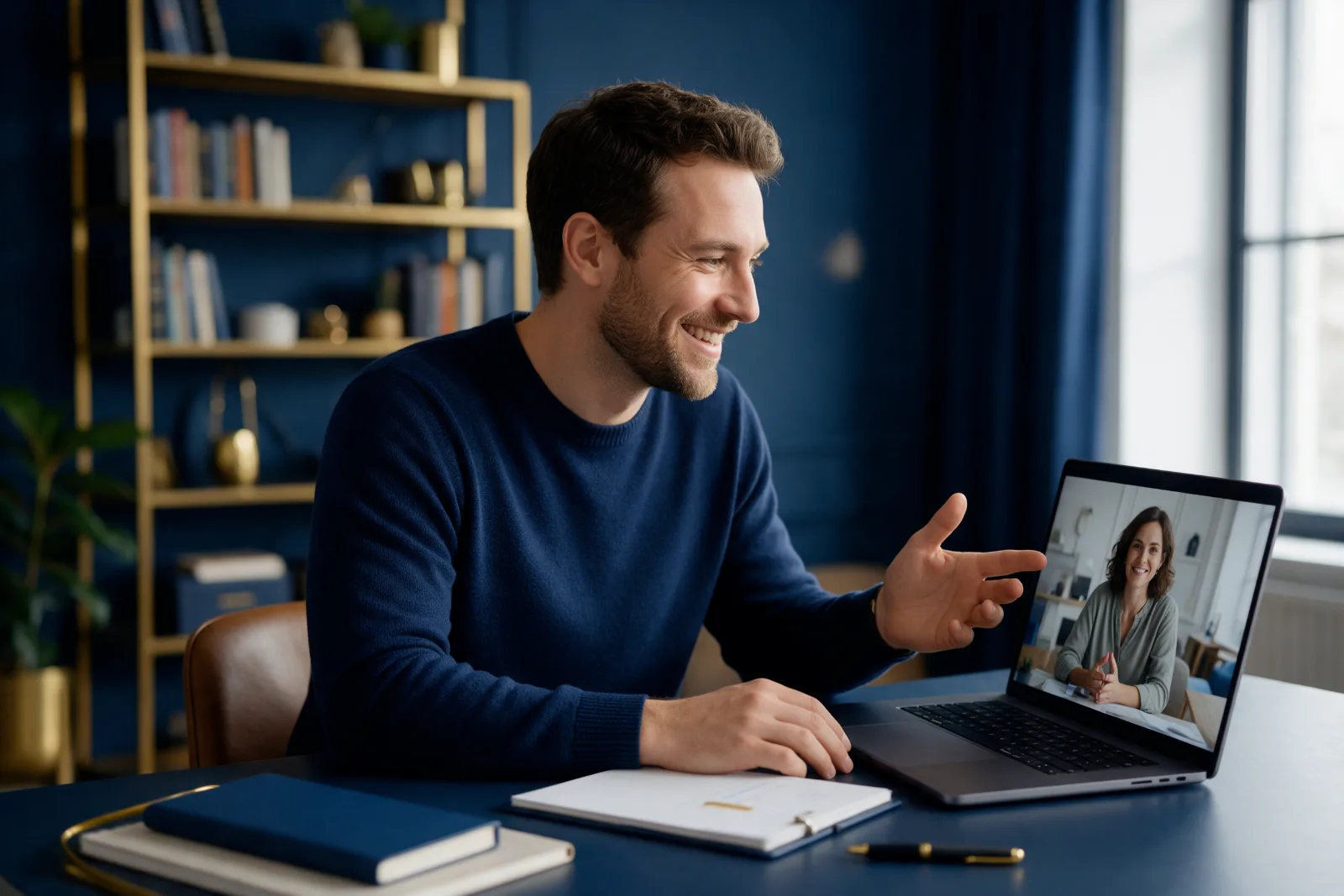 Web consultant on a video call with a small business client on a laptop, in a home office with a bookshelf