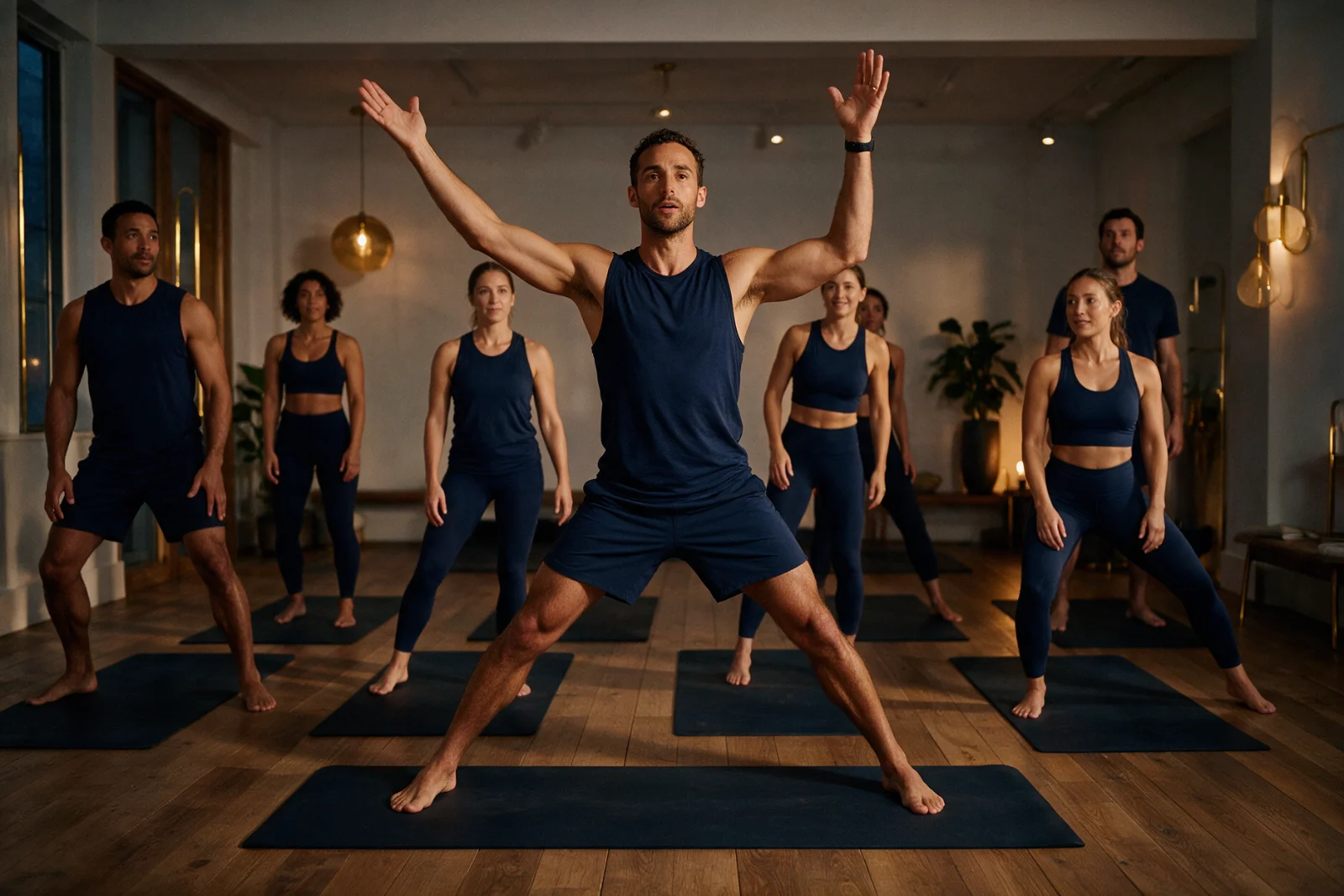 Small group fitness class on mats in a calm studio, an instructor demonstrating a movement at the front of the room