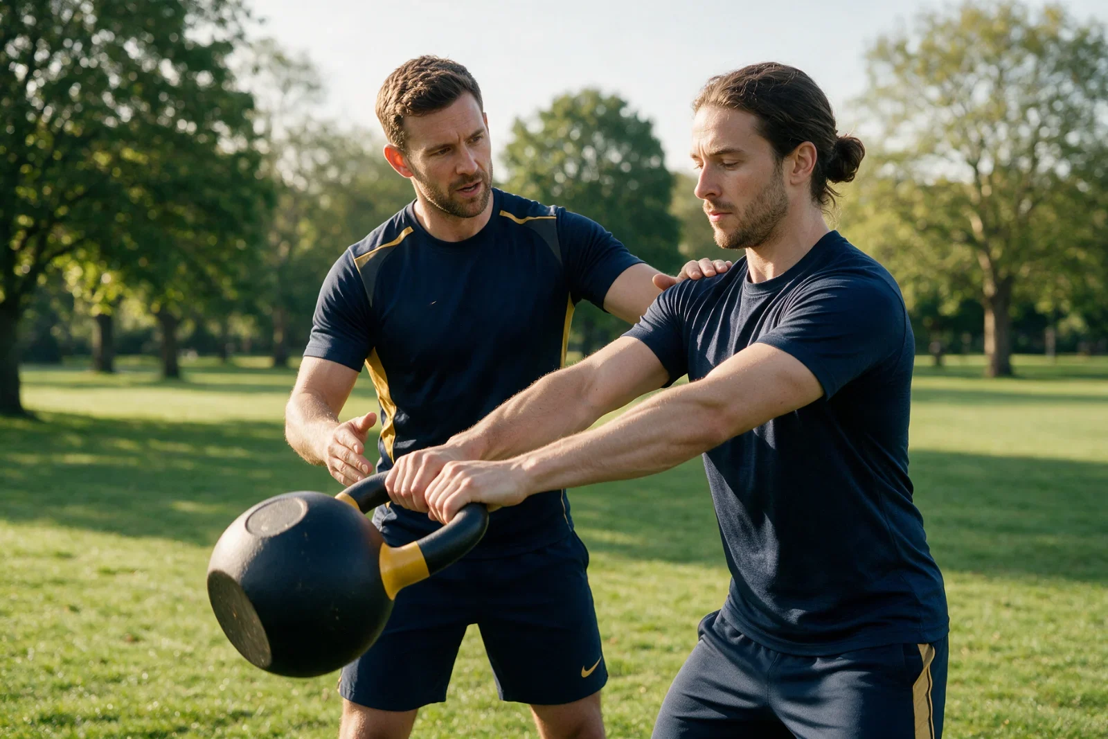 Personal trainer coaching a client through a kettlebell swing on the grass of a UK park on a bright morning