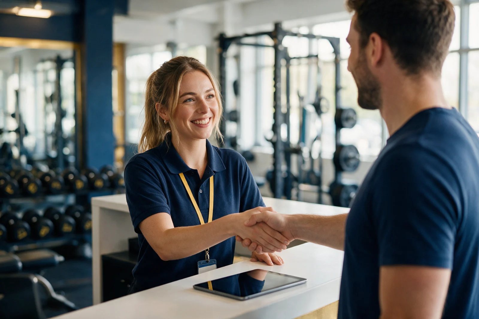 Gym receptionist welcoming a new member at a bright front desk, with free weights and training equipment visible behind them