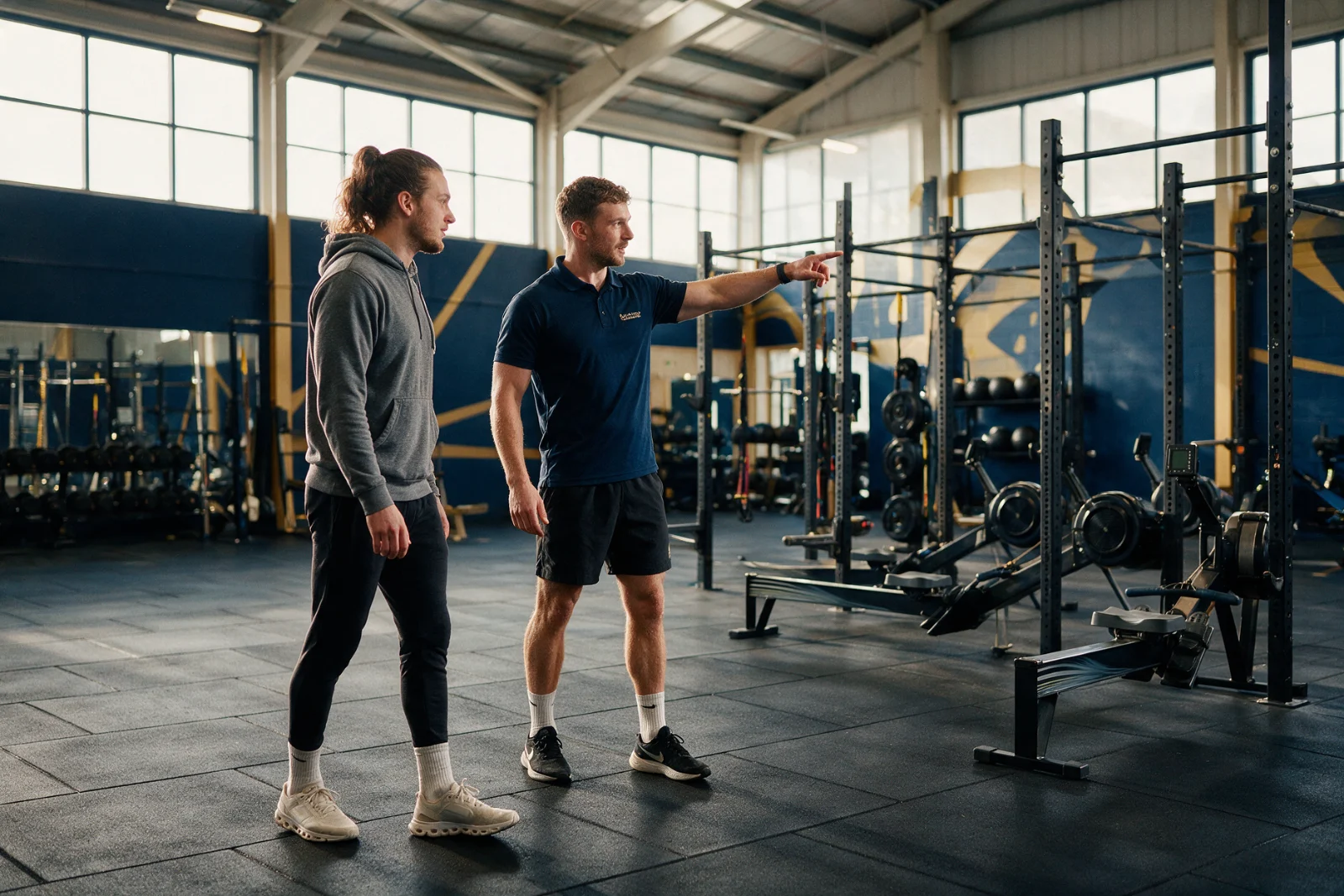 Staff member showing a prospective member around the gym floor, pointing towards the training area during a first visit