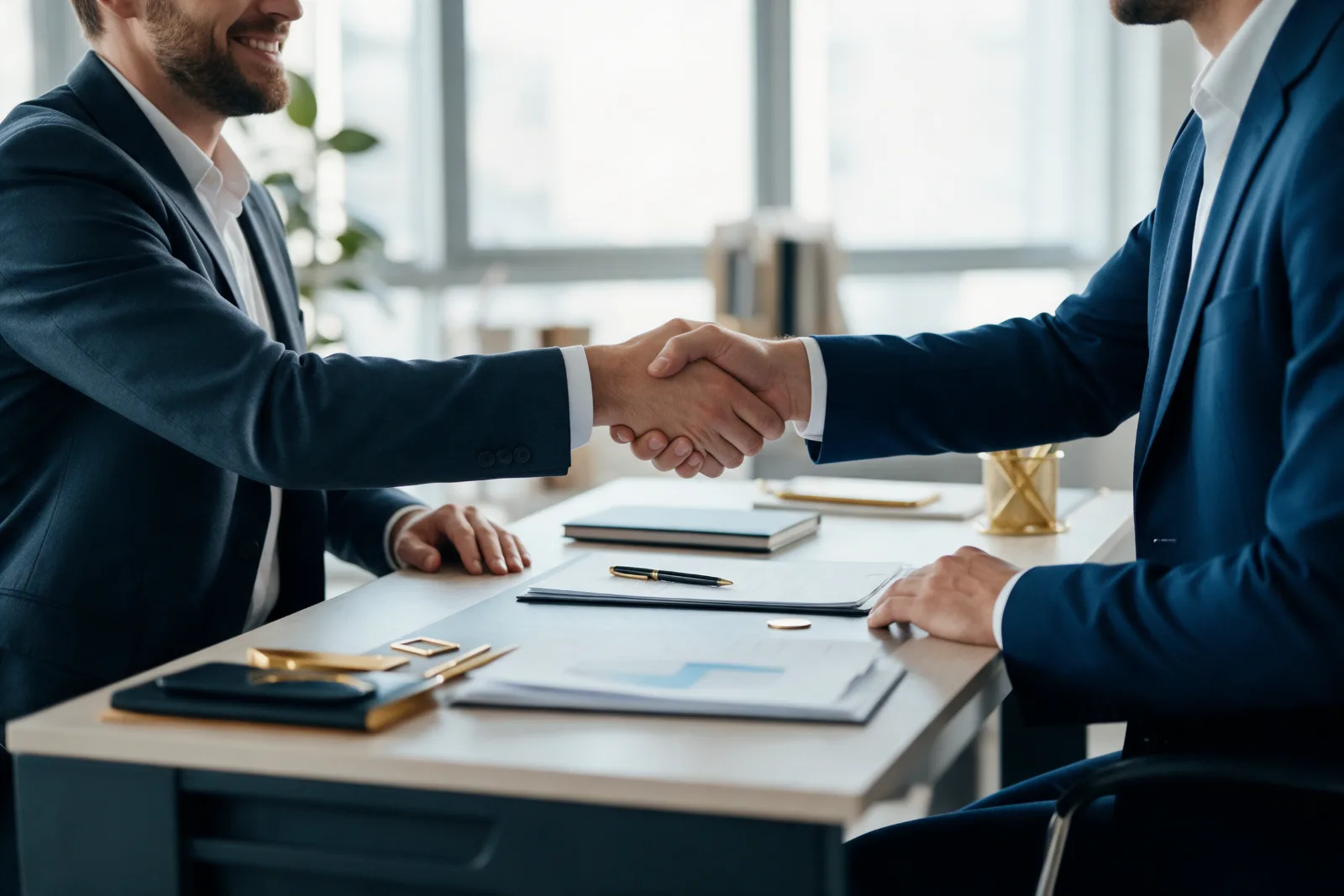 Consultant and a business owner shaking hands across a desk in a bright modern office, close and confident