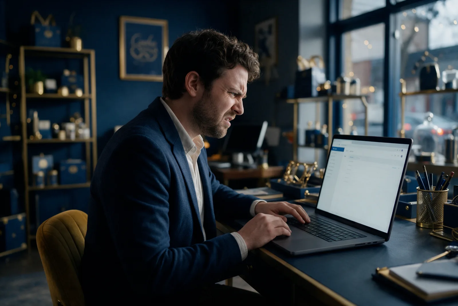 Business owner looking frustrated at a laptop with an empty enquiries inbox in a small shop office after closing time