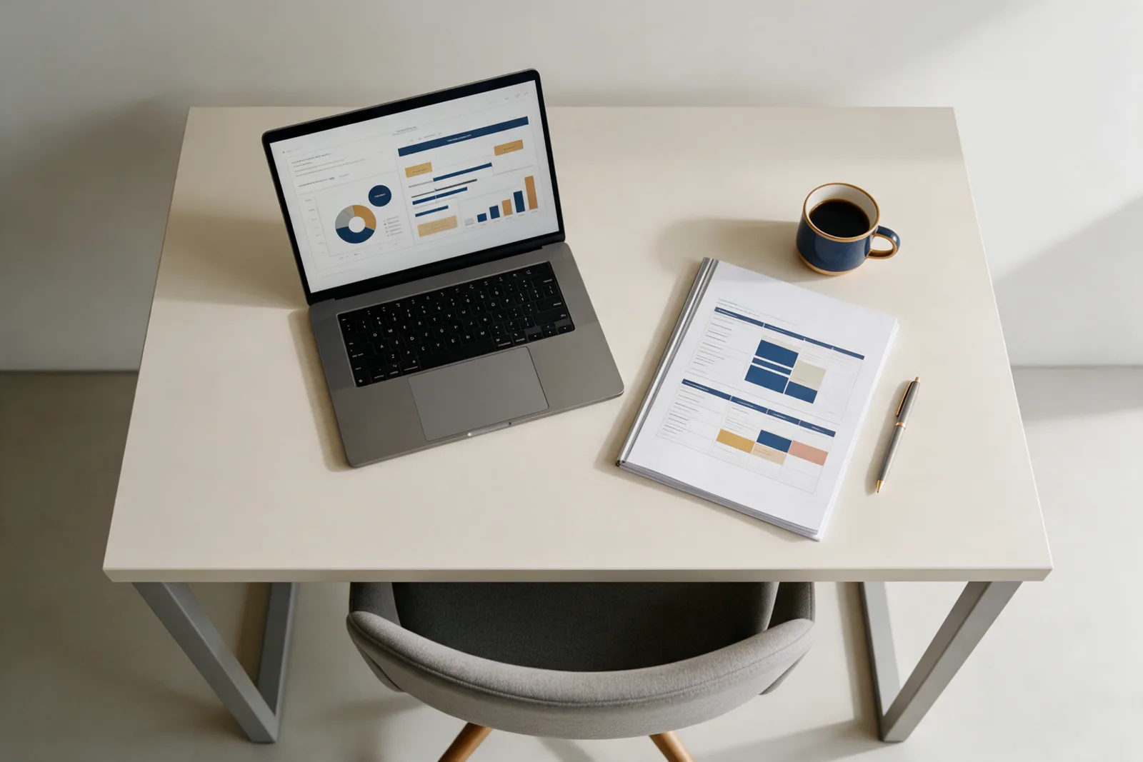 Top down view of a tidy consultant desk with a laptop showing a project plan, a printed strategy document with highlighted notes and a coffee cup