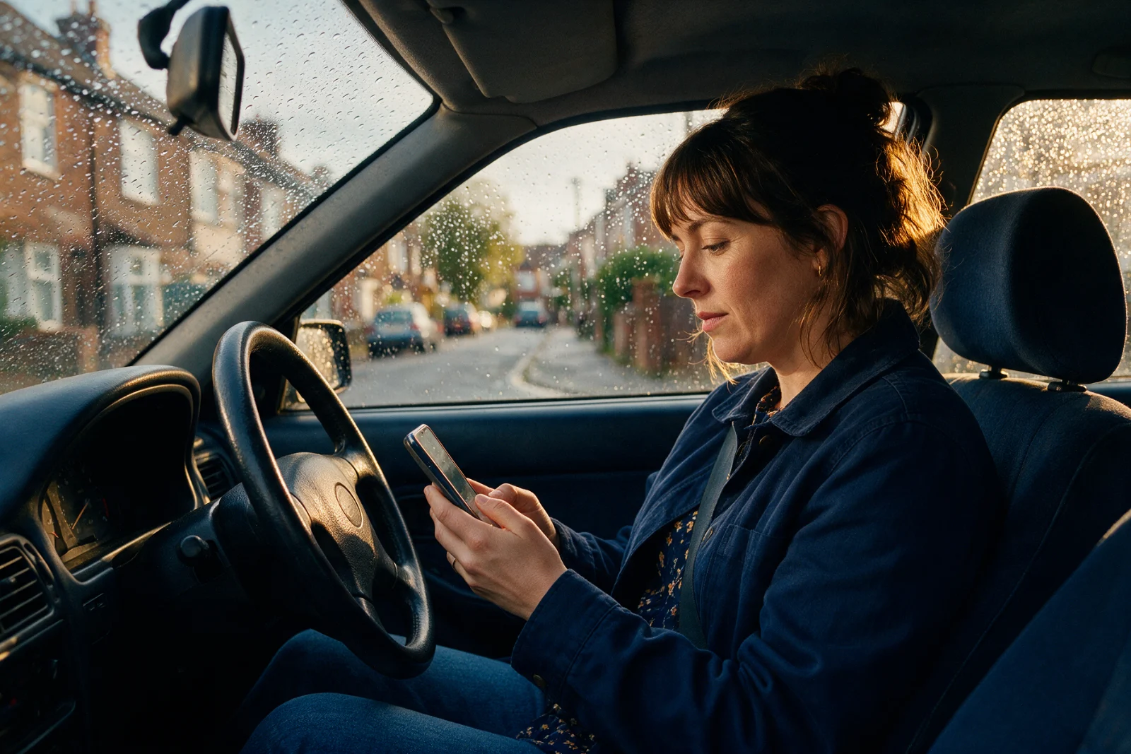 Woman sitting in her parked car on a rainy street searching on her phone for a local business before she decides where to go