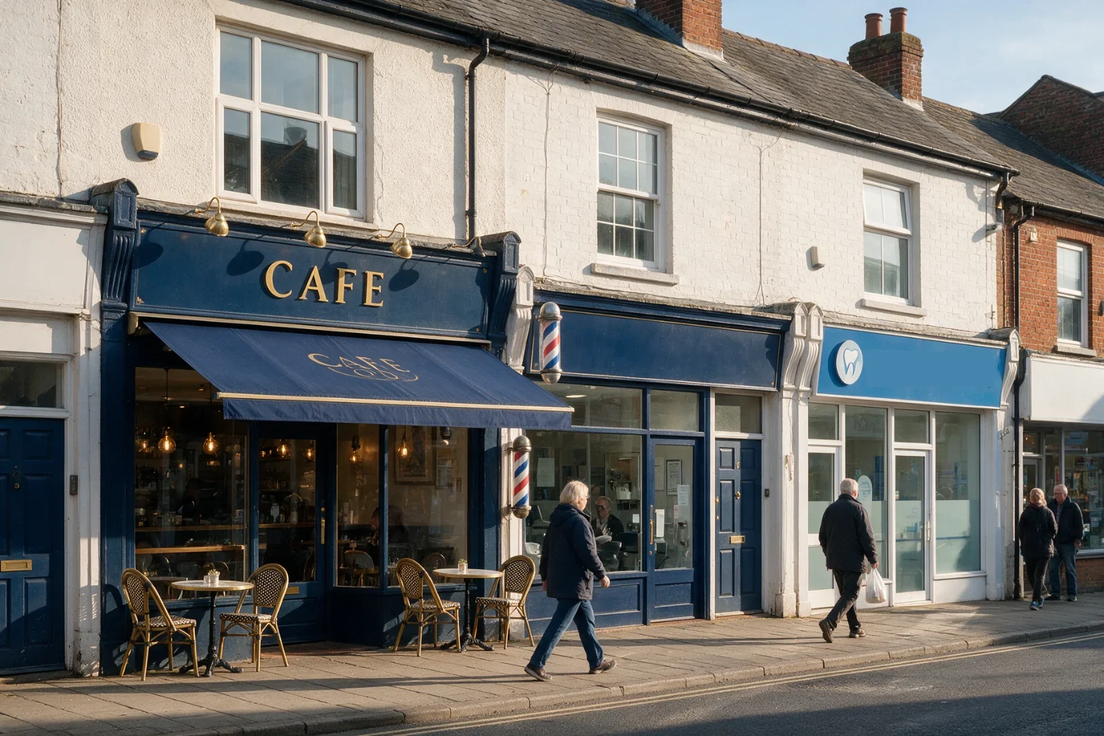 A British high street in morning light with a café, a barber and a dental practice side by side as people walk past the shopfronts