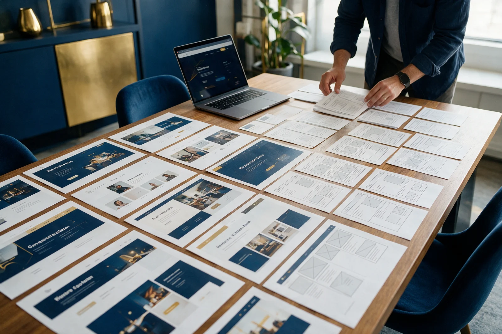 Consultant laying out printed page plans for several businesses on a long table, grouping them by how customers choose