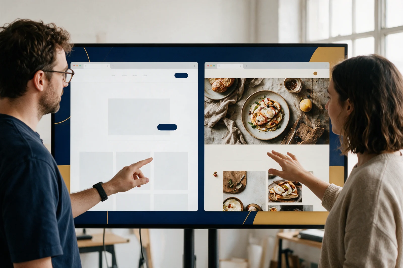 Two web designers comparing two very different website layouts on a large screen, one calm and clinical, the other warm and rustic