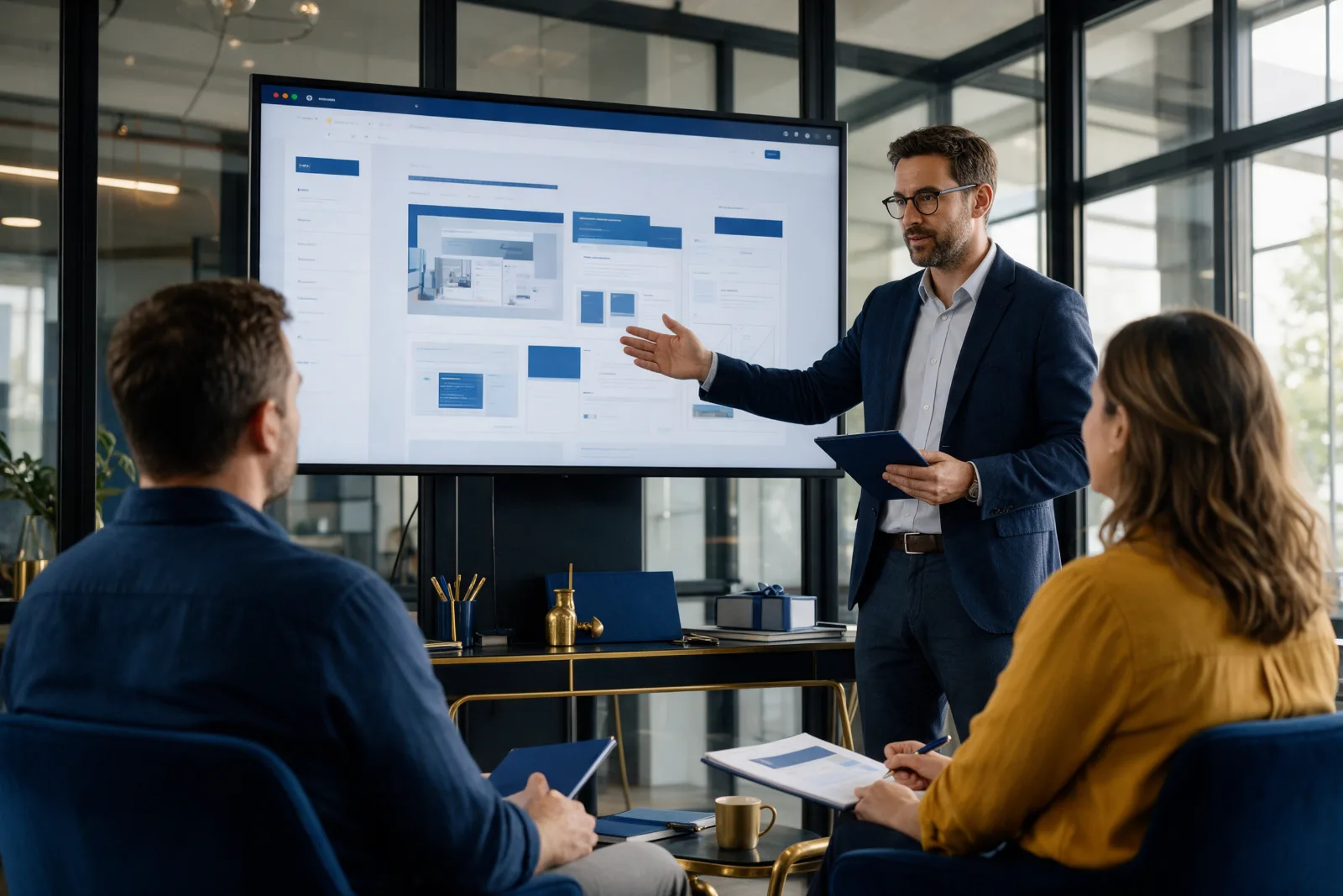 Consultant presenting a website plan on a large wall screen to two small business owners in a glass walled meeting room