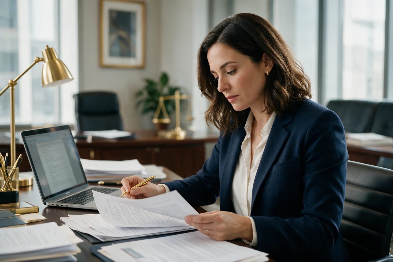 Compliance officer at a law firm reviewing printed website pages with a pen at her desk, a laptop open beside the papers