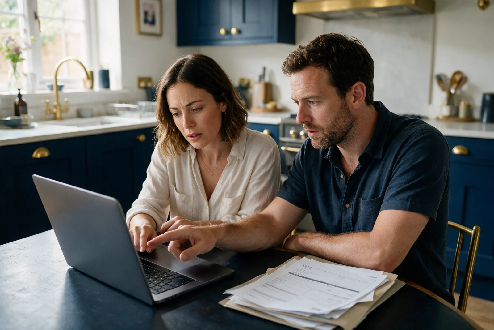 Couple at home comparing conveyancing solicitors on a laptop at their kitchen table, with house sale paperwork beside them