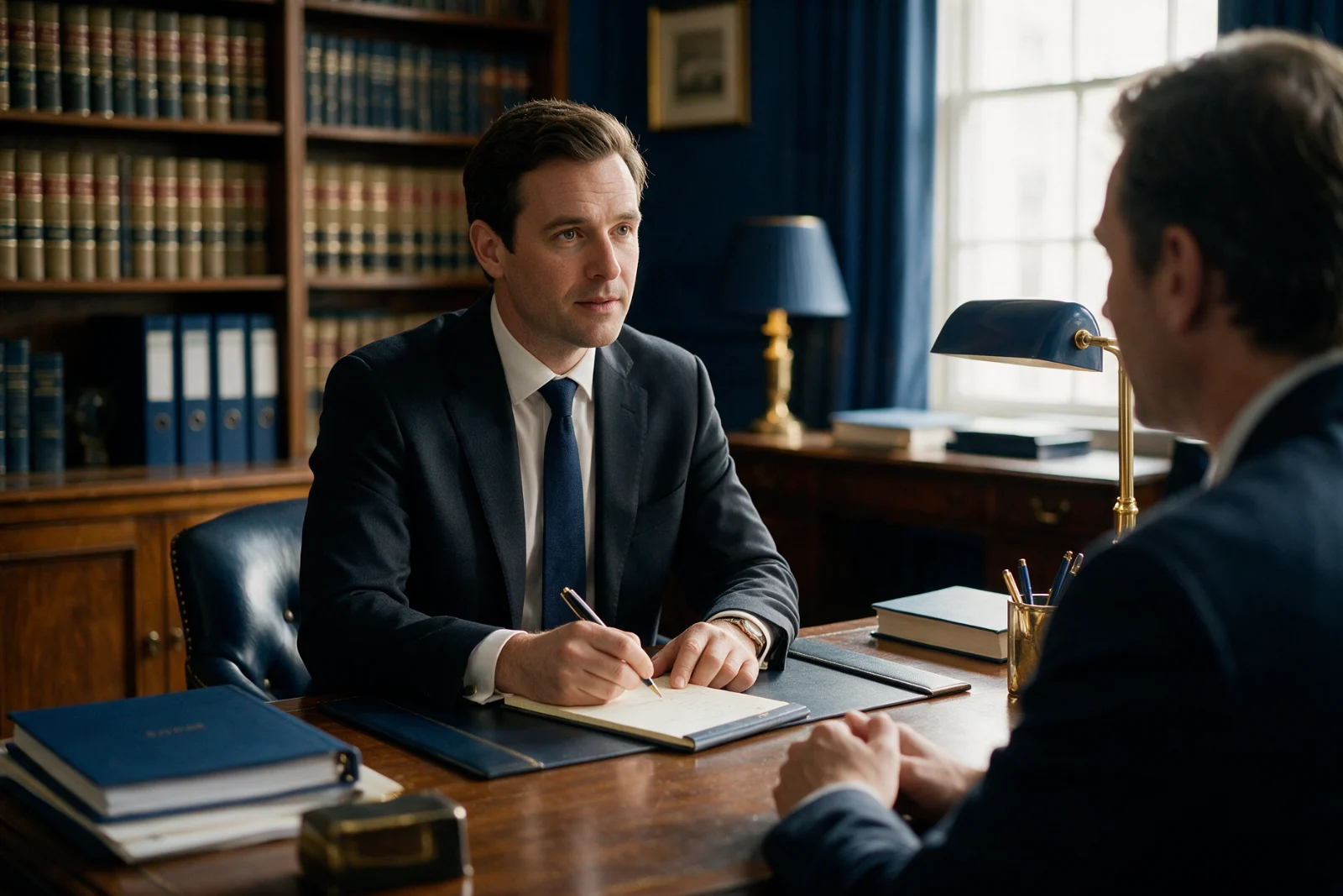 Solicitor meeting a client across a desk in a traditional office with bookshelves, listening carefully while taking notes