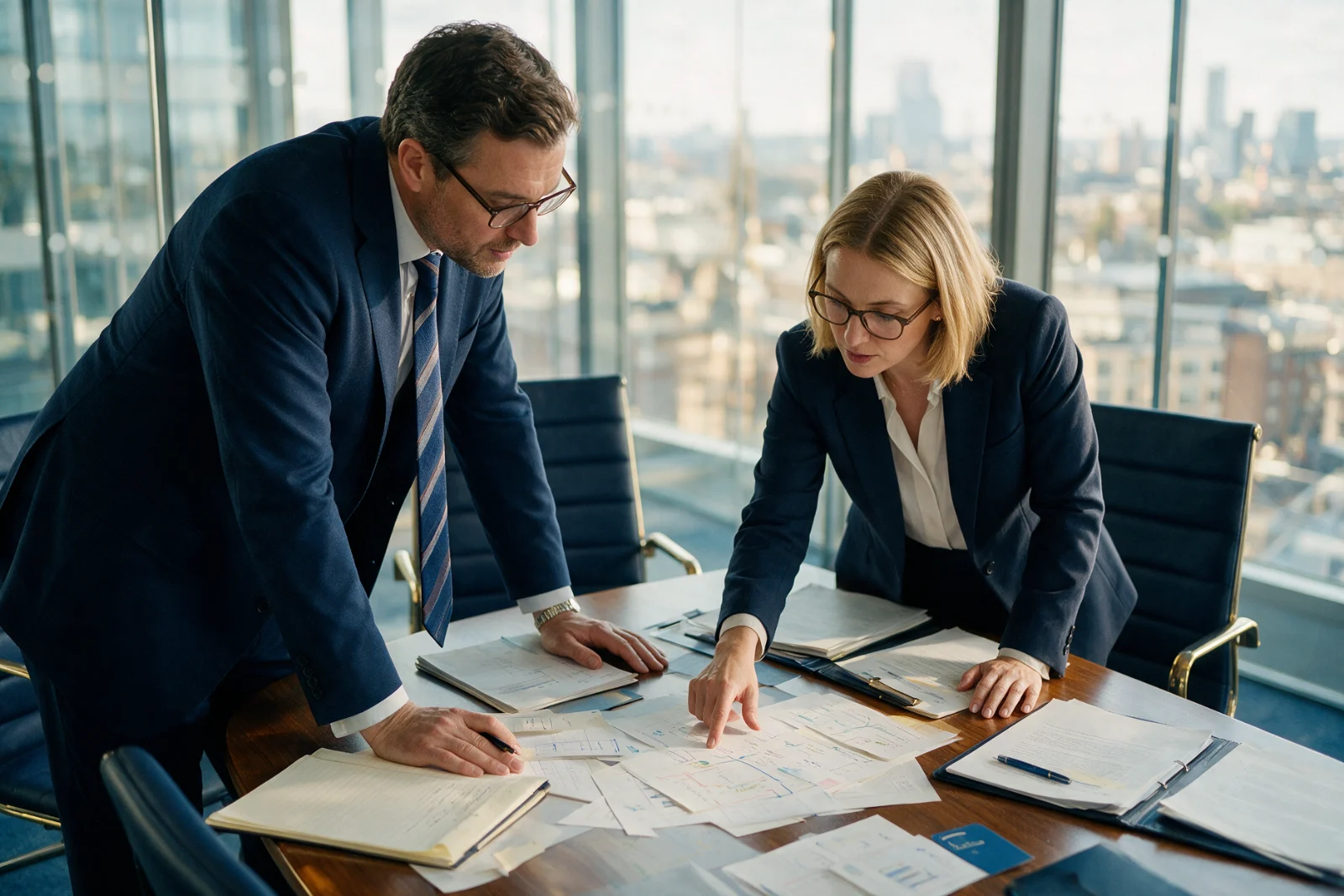 Two law firm partners planning work in a glass walled meeting room, one pointing at notes on the table between them