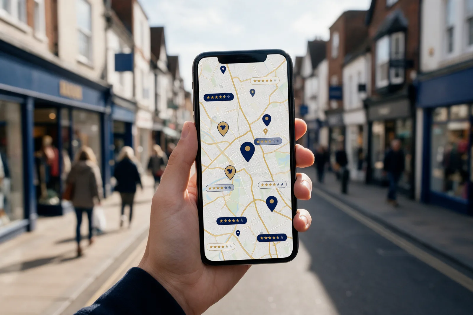 Hand holding a phone that shows a city map with location pins and star ratings, with a blurred British high street behind