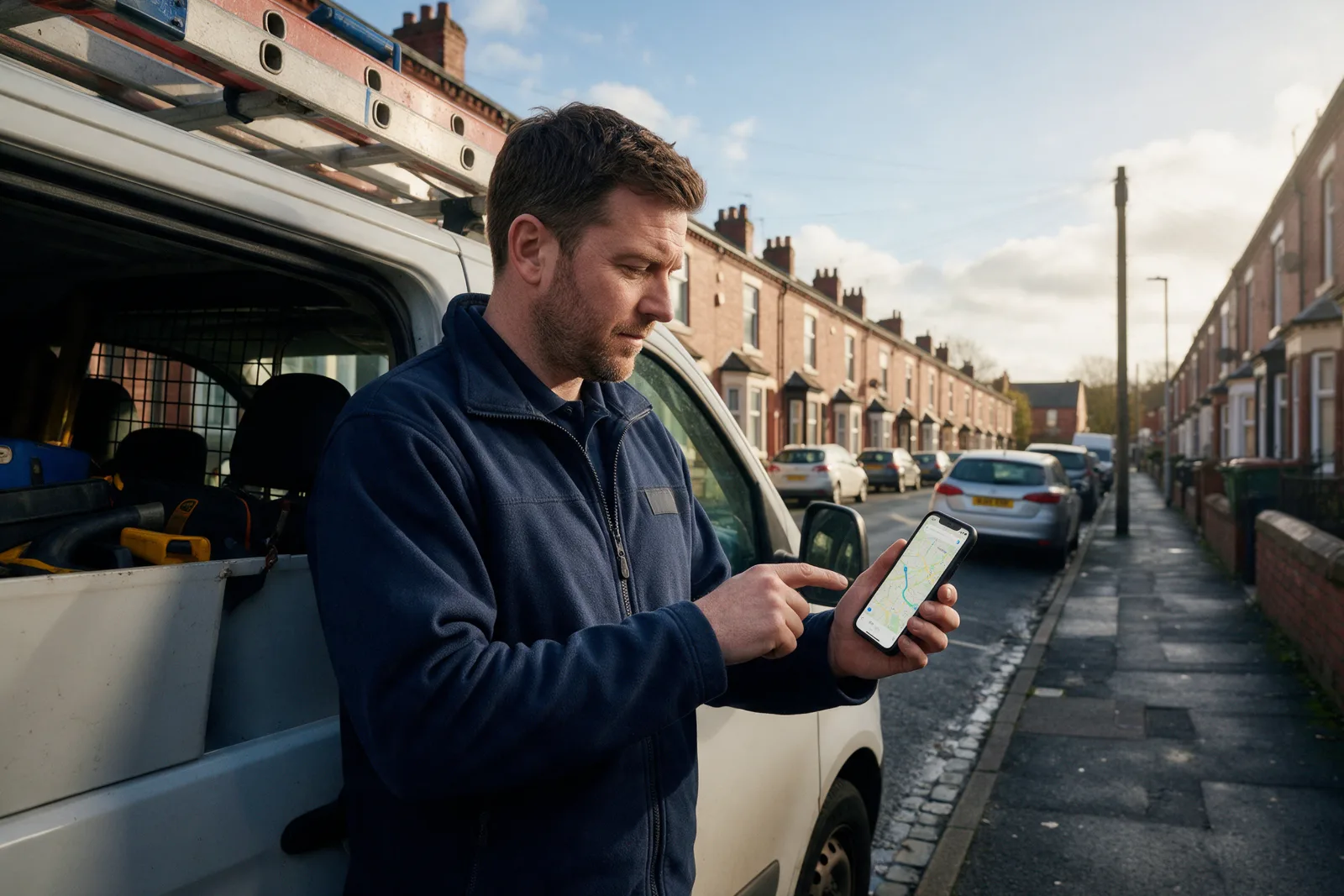 Plumber in a navy work jacket checking a map app on his phone beside his van on a terraced Greater Manchester street
