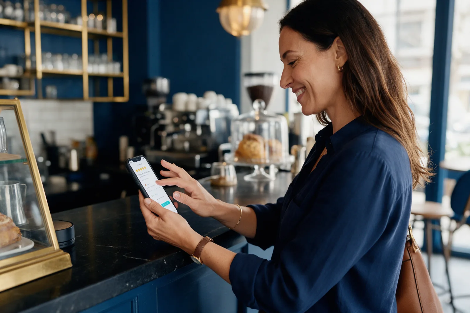 Smiling customer leaving a five star review on her phone at a café counter, with warm natural light and navy accents