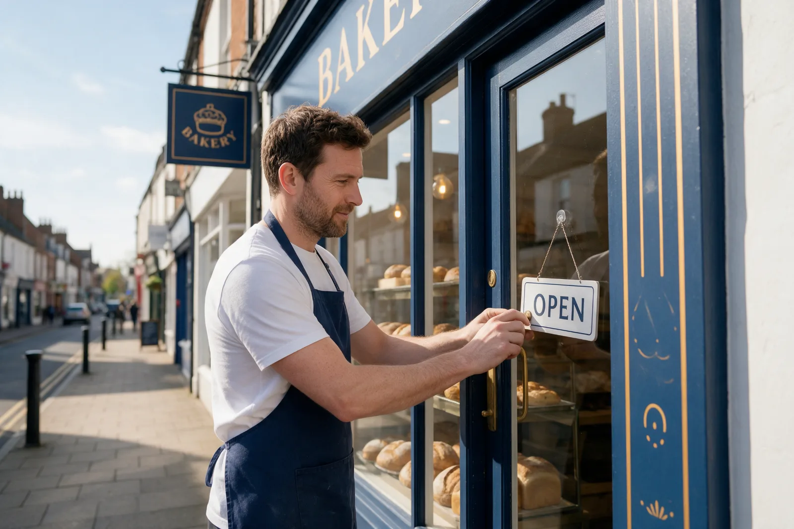 Bakery owner turning the door sign to open on an independent British high street shopfront on a bright morning
