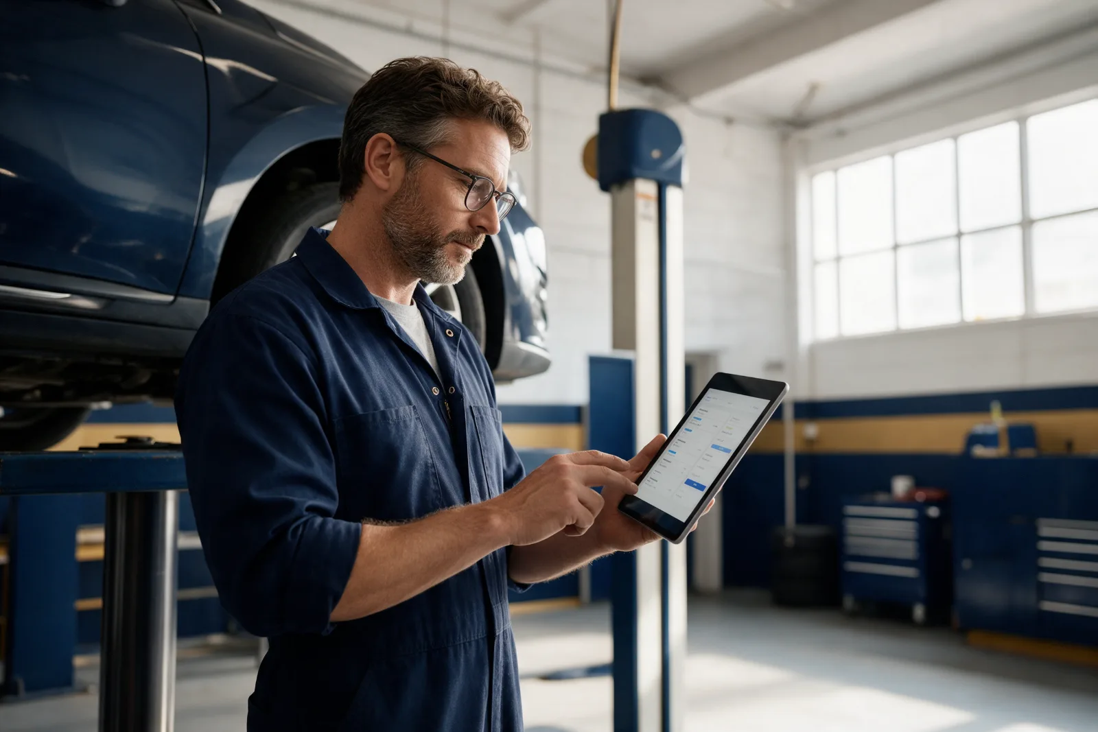 Independent garage owner checking the day's bookings on a tablet beside a car raised on a lift in a clean workshop