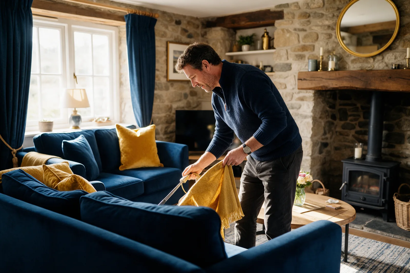 Owner of a countryside holiday cottage preparing a cosy stone walled living room for guests in warm light