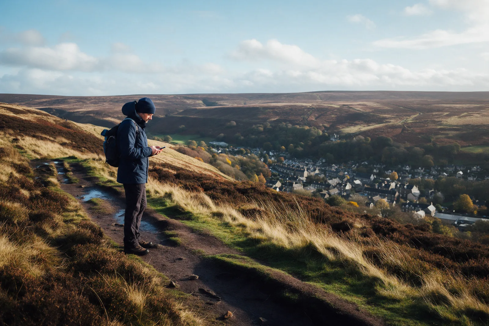 Walker on a moorland path checking his phone for a nearby café, with a valley town spread out below