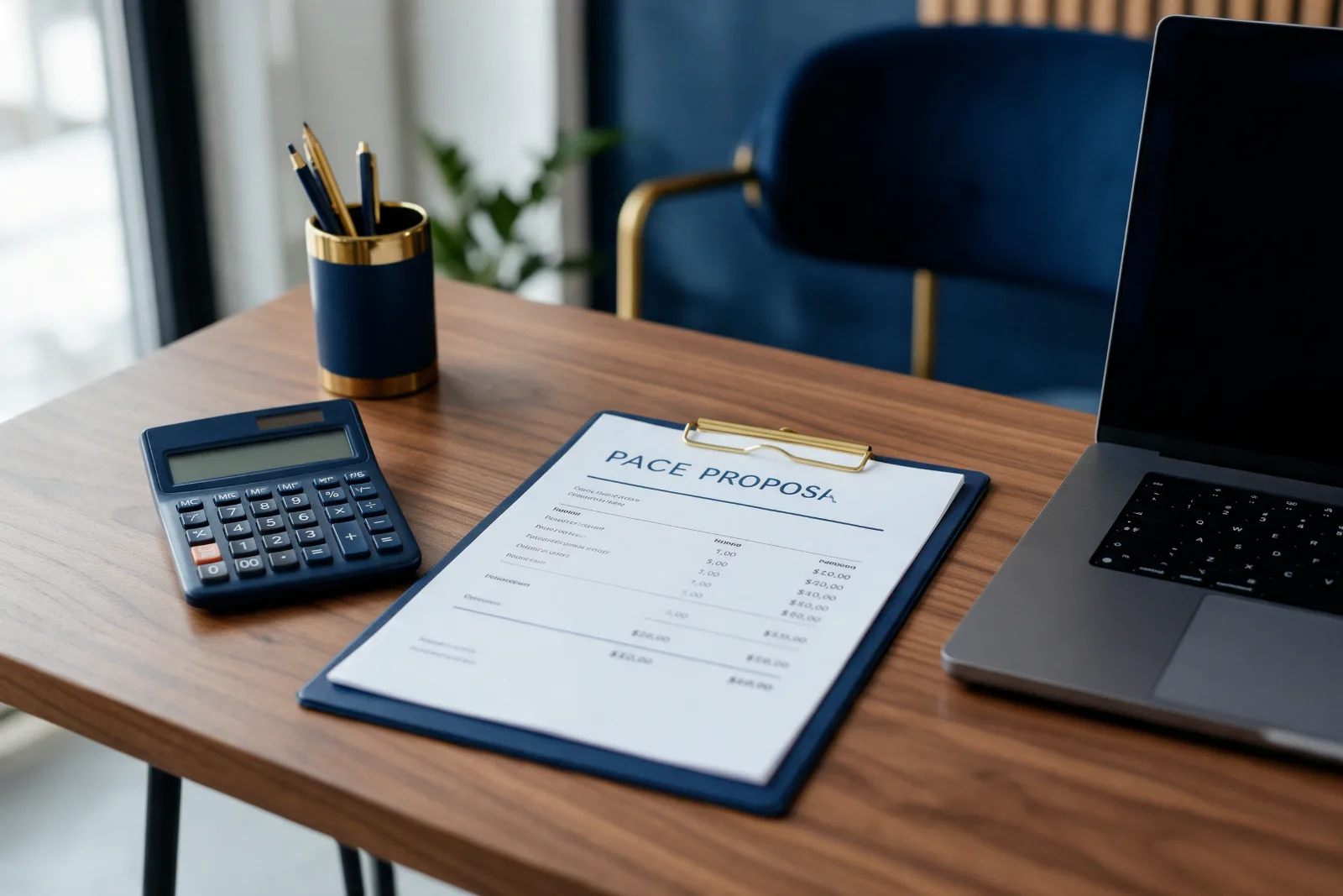 Calculator, a printed price proposal and a laptop on a clean walnut desk in a professional office, with navy and gold accents