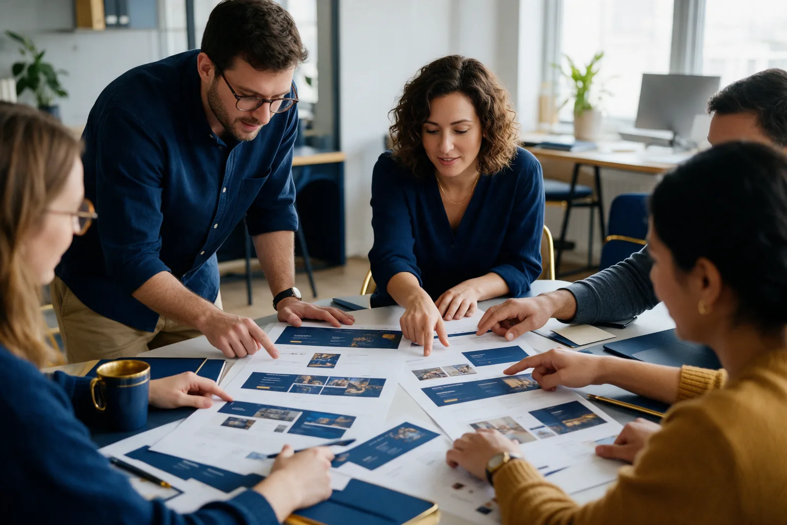 Small team around a meeting table comparing printed website page designs side by side, pointing and discussing