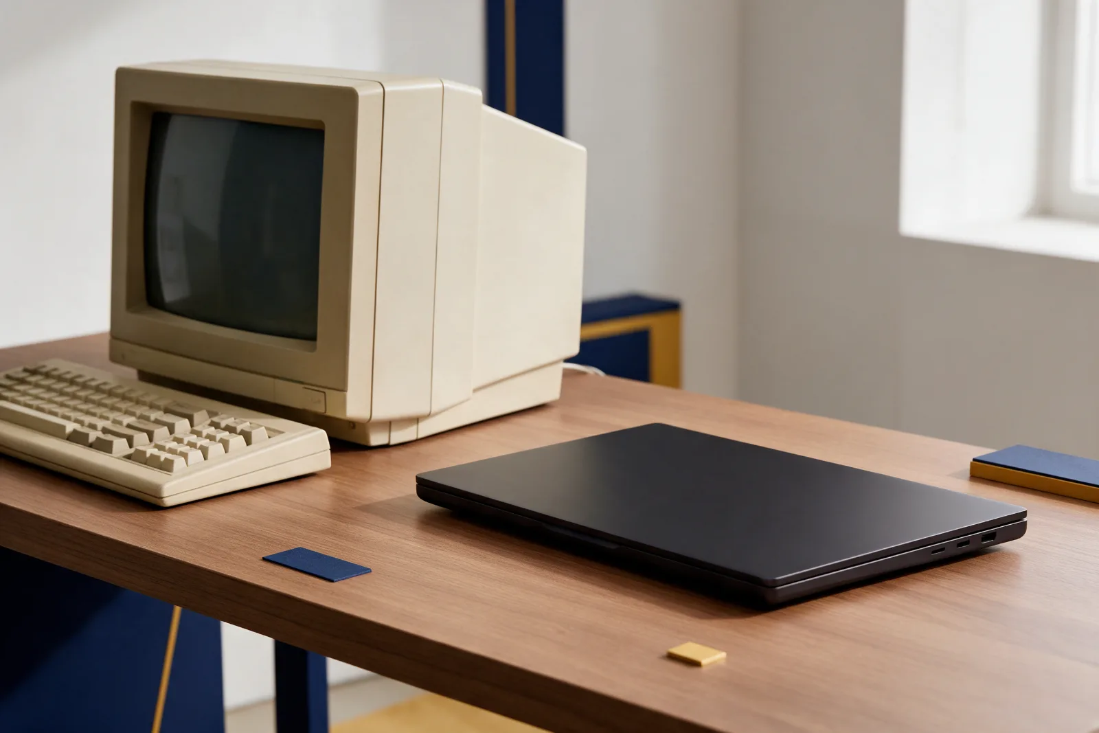 An old beige desktop computer with a bulky monitor beside a sleek modern laptop on the same wooden desk