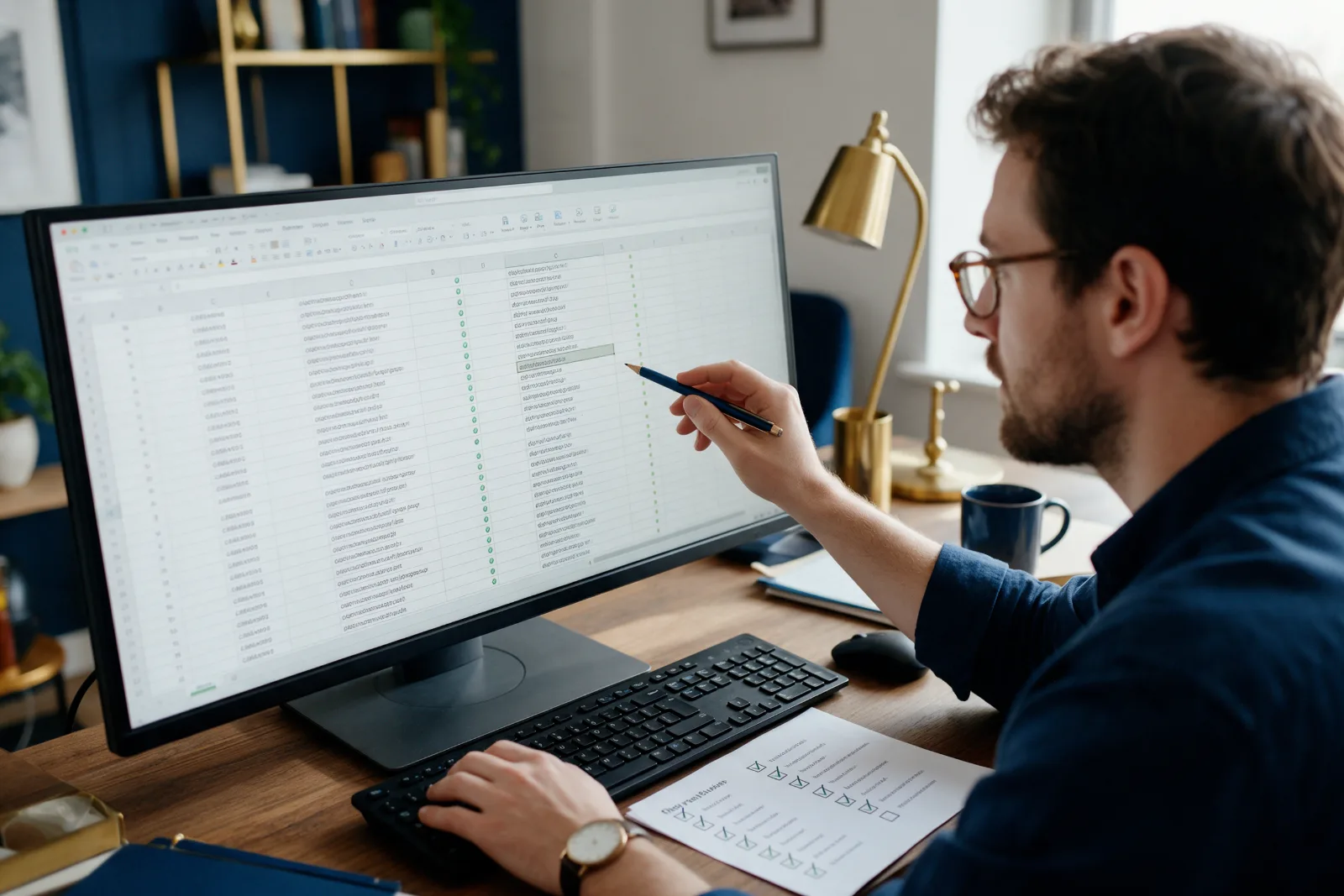 Web developer checking a long spreadsheet of old and new page addresses on a wide monitor, with a ticked paper checklist