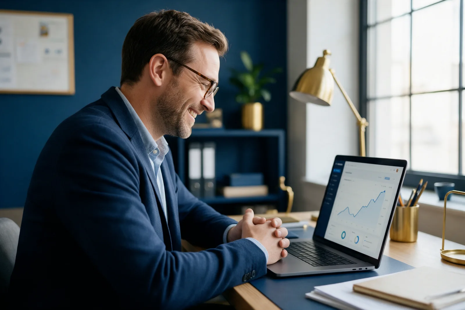 Relieved business owner smiling at an analytics line graph recovering upwards on his laptop in a small office