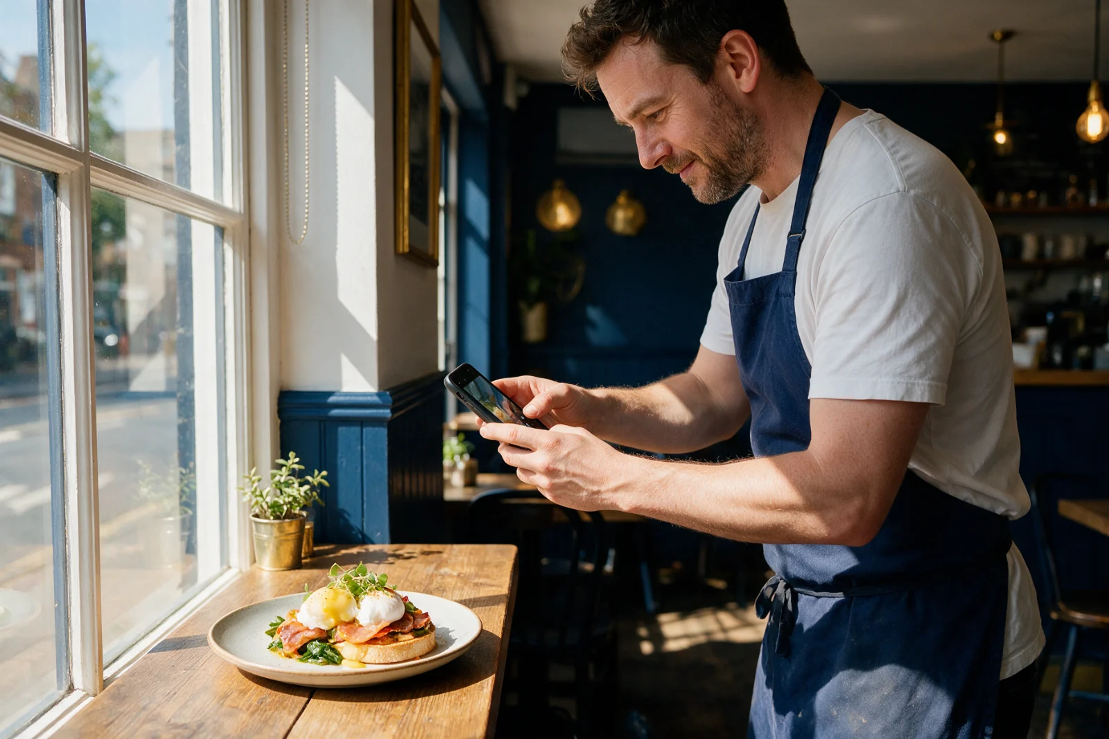 Café owner photographing a freshly plated brunch dish beside a sunny window to add to the online menu page of her website