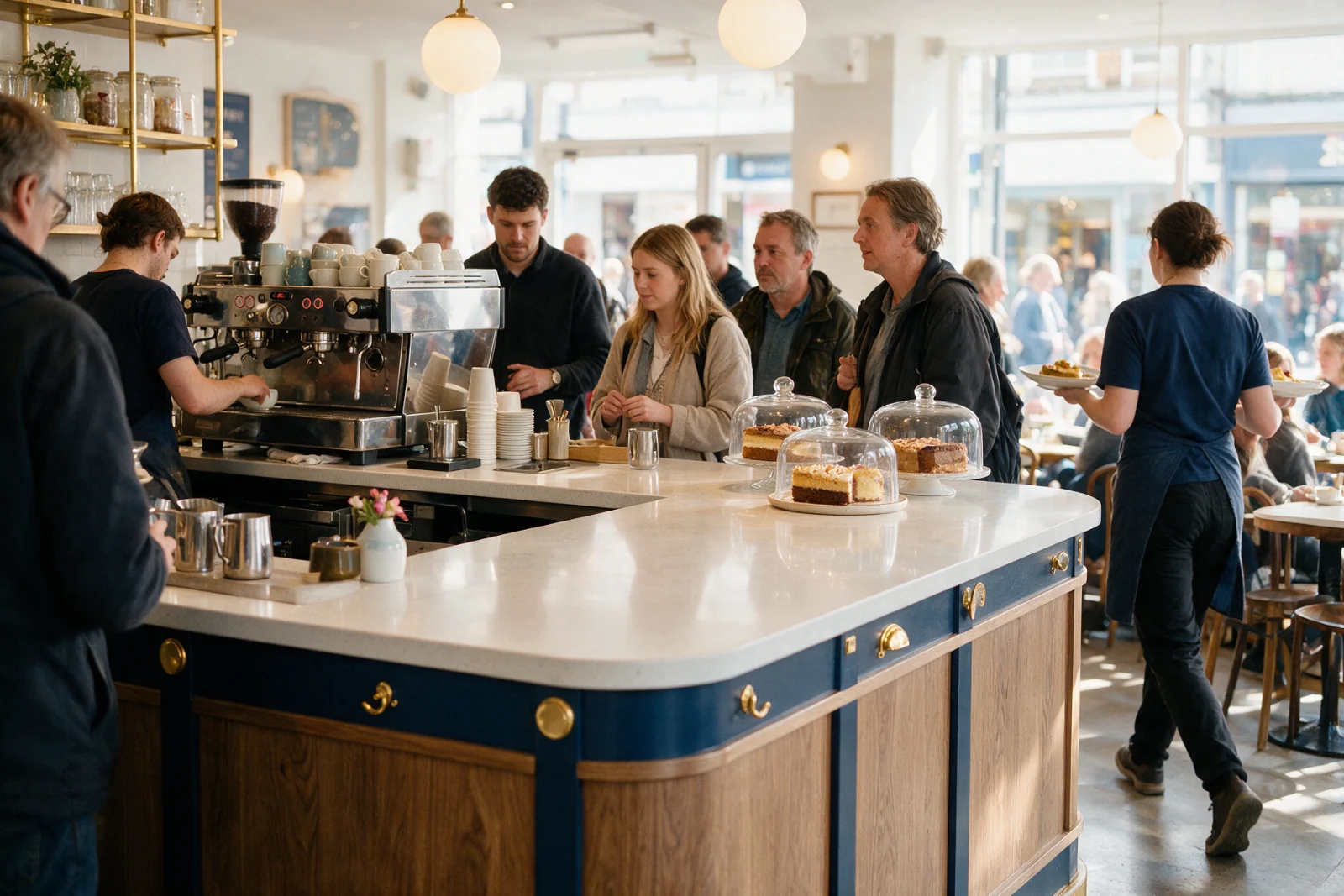 Busy independent café counter with customers queueing while a barista prepares coffee and a server carries plates to tables