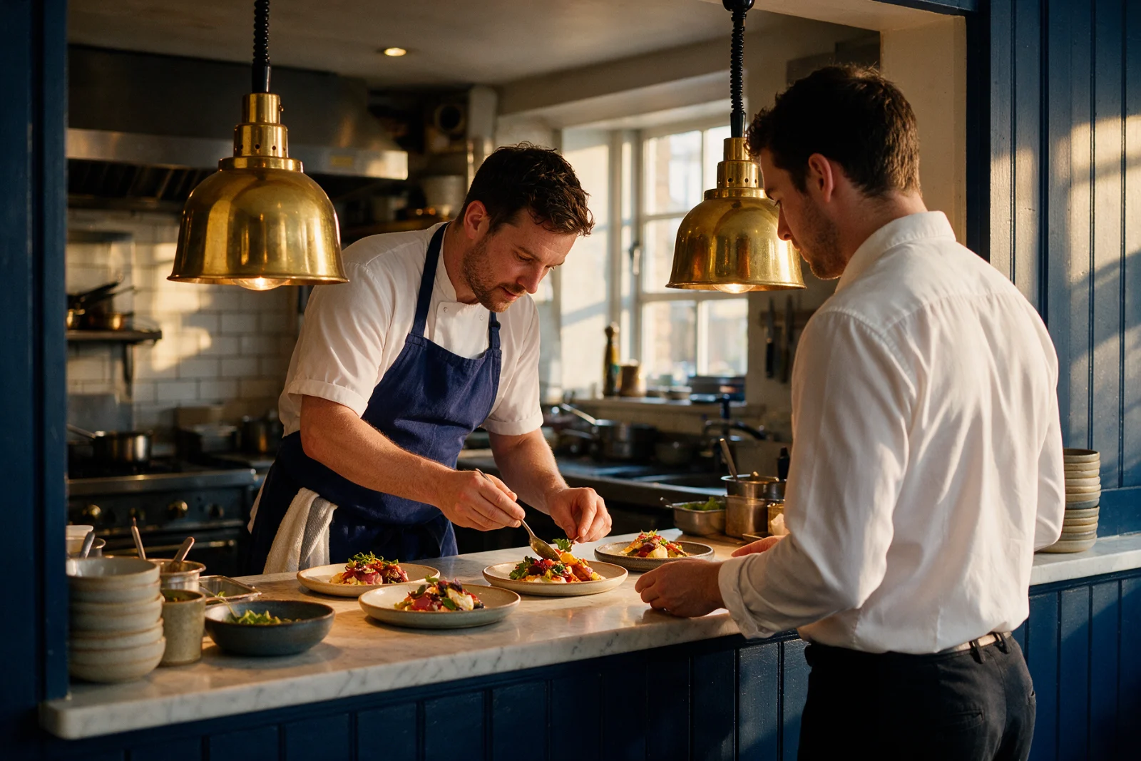 Chef plating dishes at the pass of a small independent restaurant kitchen while a server waits to carry them to diners
