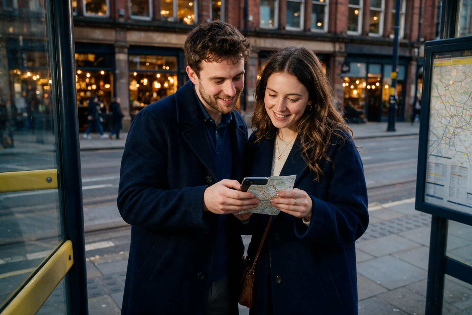 Couple at a city tram stop in the evening checking places to eat on a smartphone map before deciding where to go for dinner
