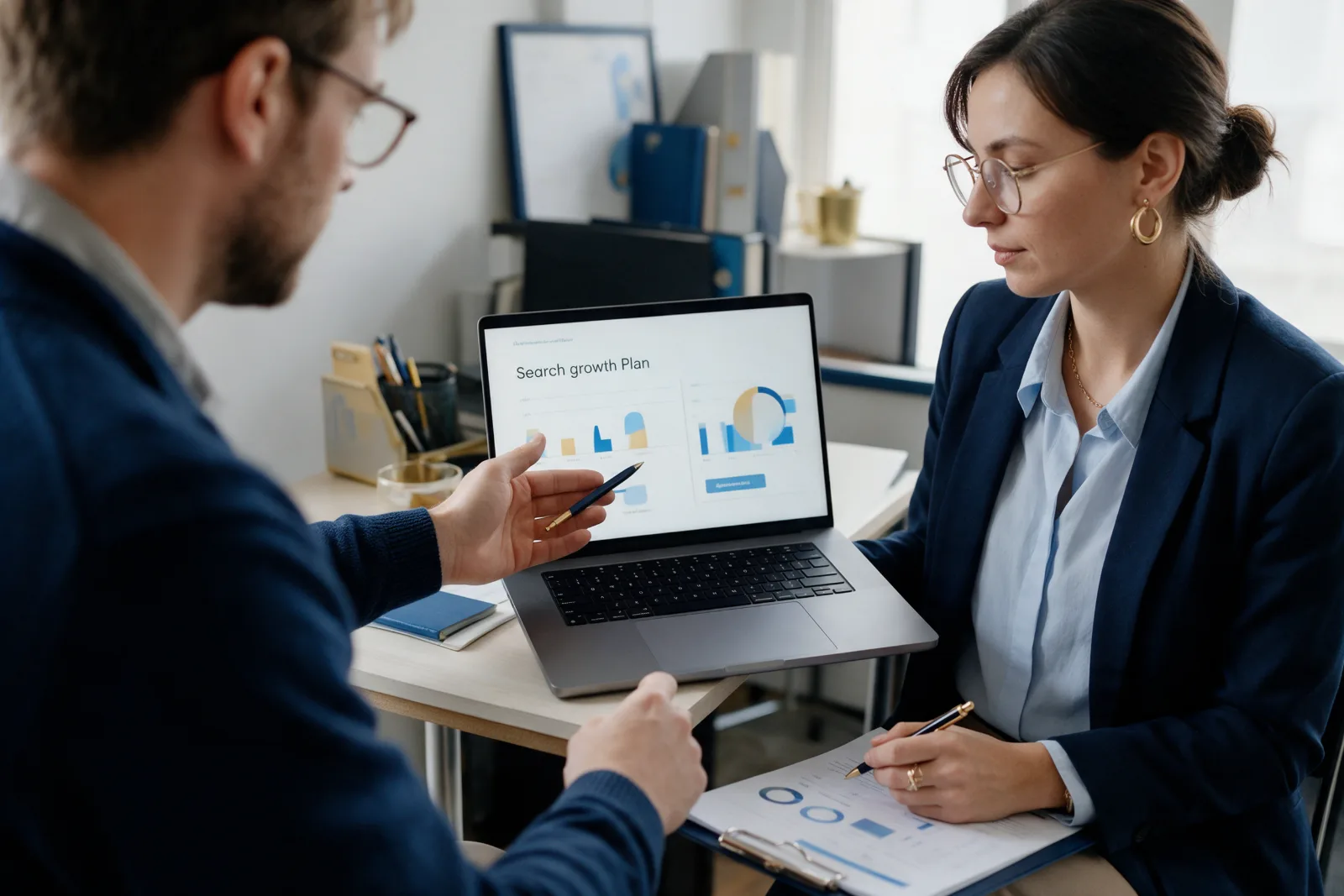 Consultant presenting a search growth plan on a laptop to an accountant in a small professional office