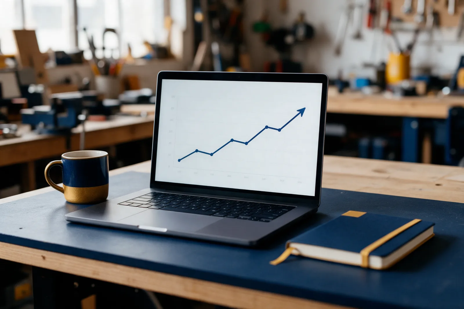 Laptop on a workshop desk showing a rising search rankings line chart, with a coffee mug and a notebook beside it