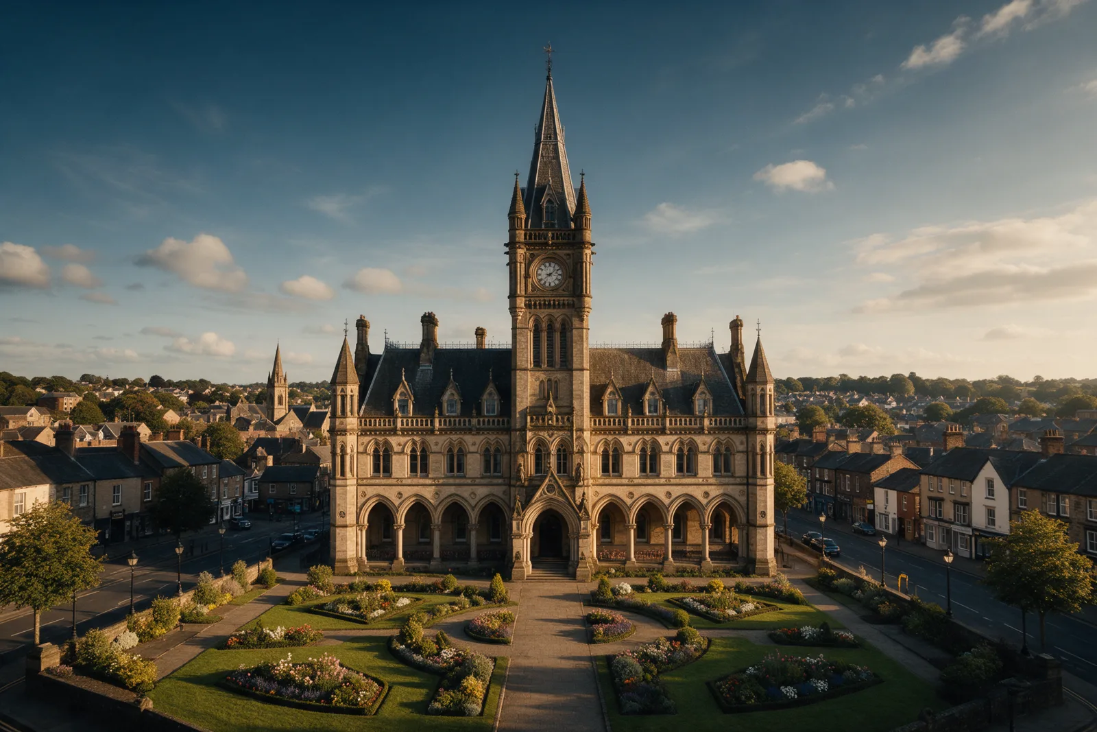 Ornate Gothic Victorian town hall with a tall spire, stone arches and formal gardens in front at golden hour