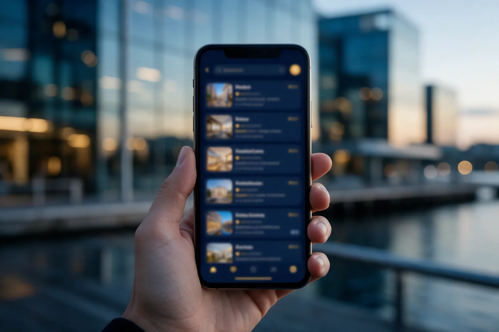 Hand holding a smartphone showing a list of local search results, with blurred glass buildings by the water behind