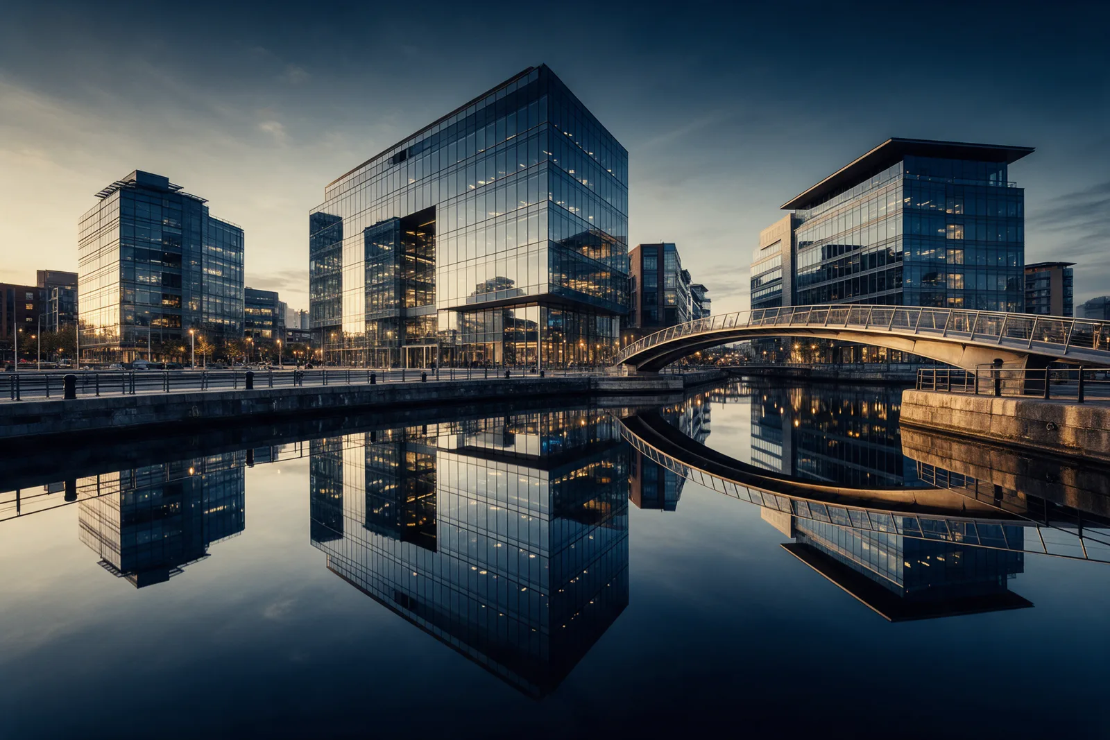 Modern waterfront district with glass buildings, a curved footbridge and quays reflected in still water at dusk